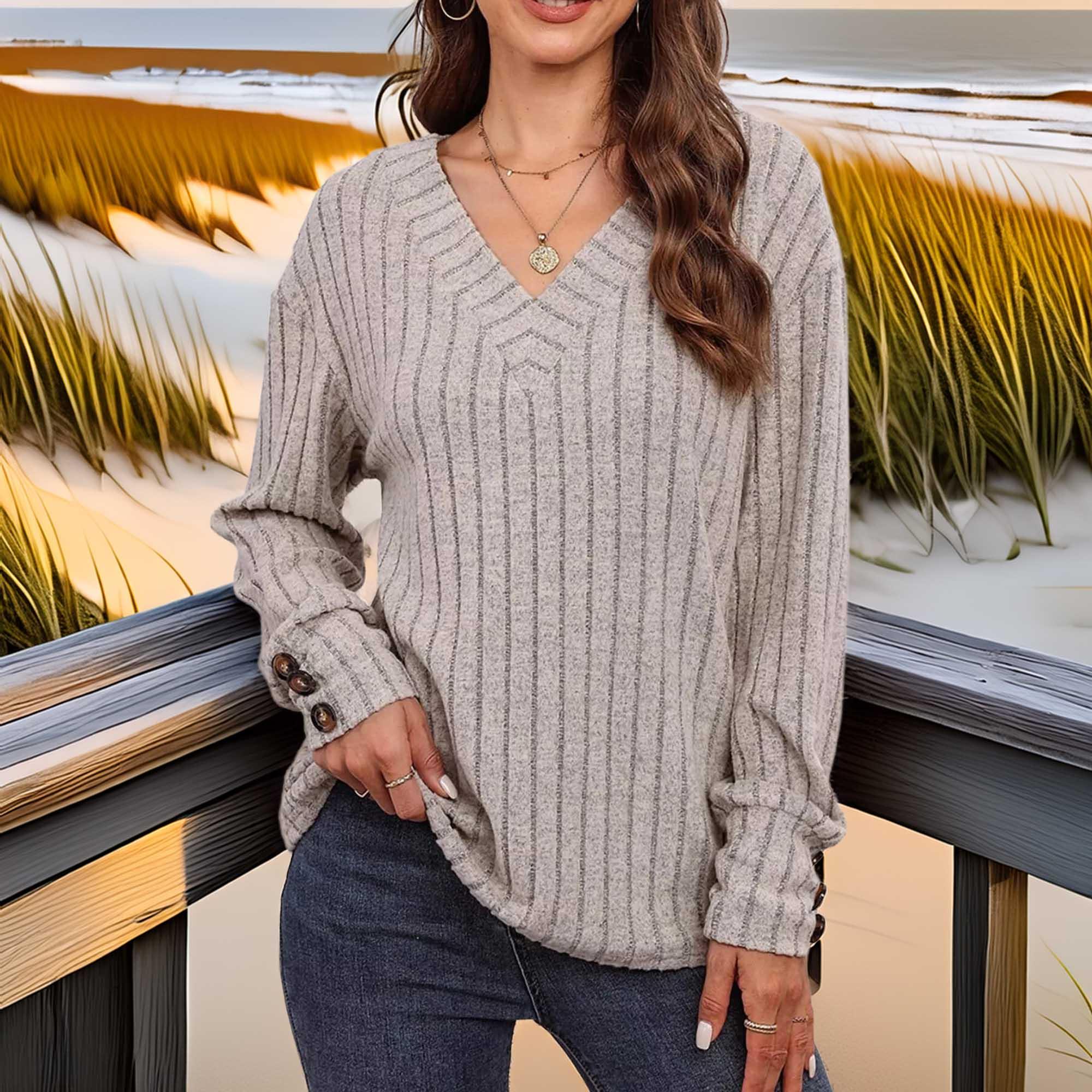 Ribbed V-Neck Long Sleeve Buttoned Stretchy Top - Southern Shores Clothing