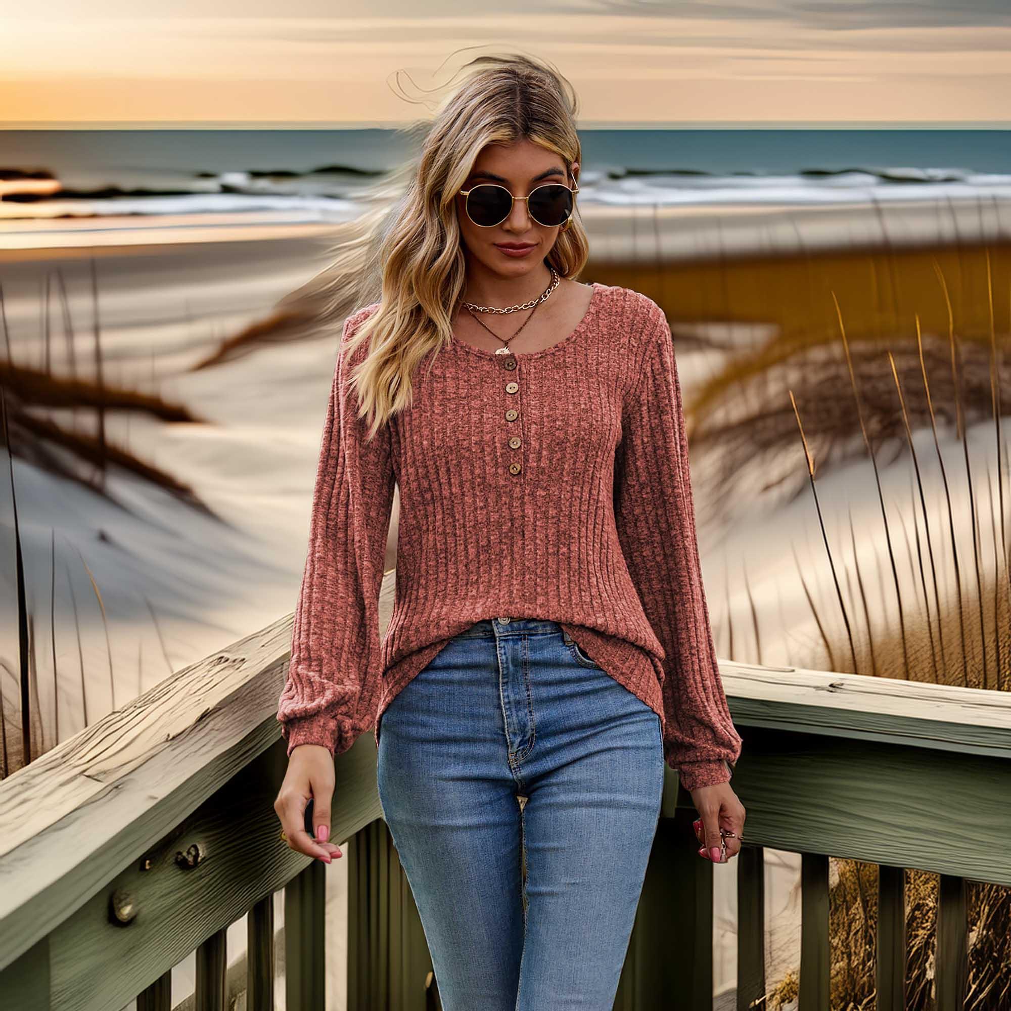 Stretchy Heathered Round Neck Button-Down Long Sleeve Tee - Southern Shores Clothing