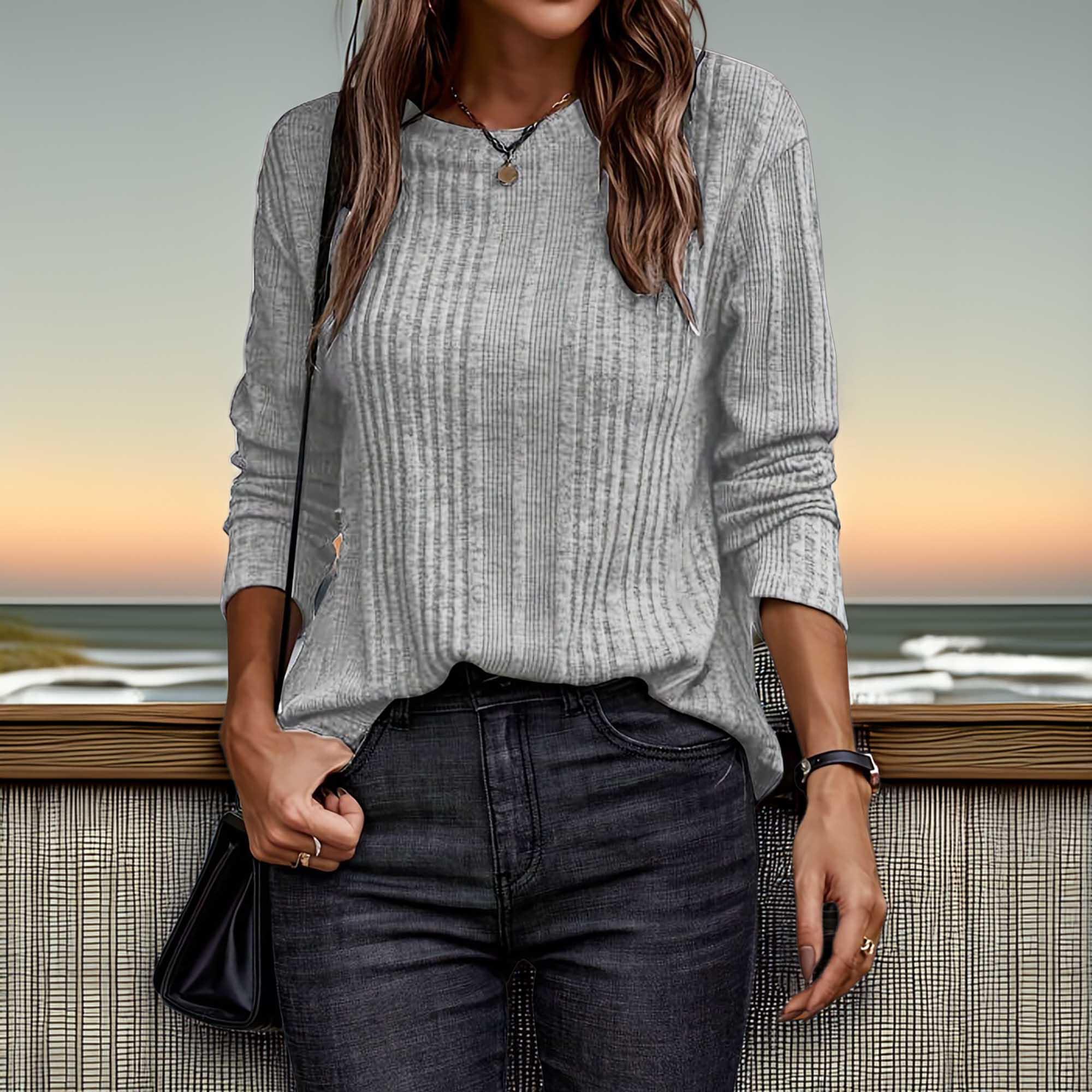 Round Neck Long Sleeve Solid T Shirt For Everyday Wear - Southern Shores Clothing
