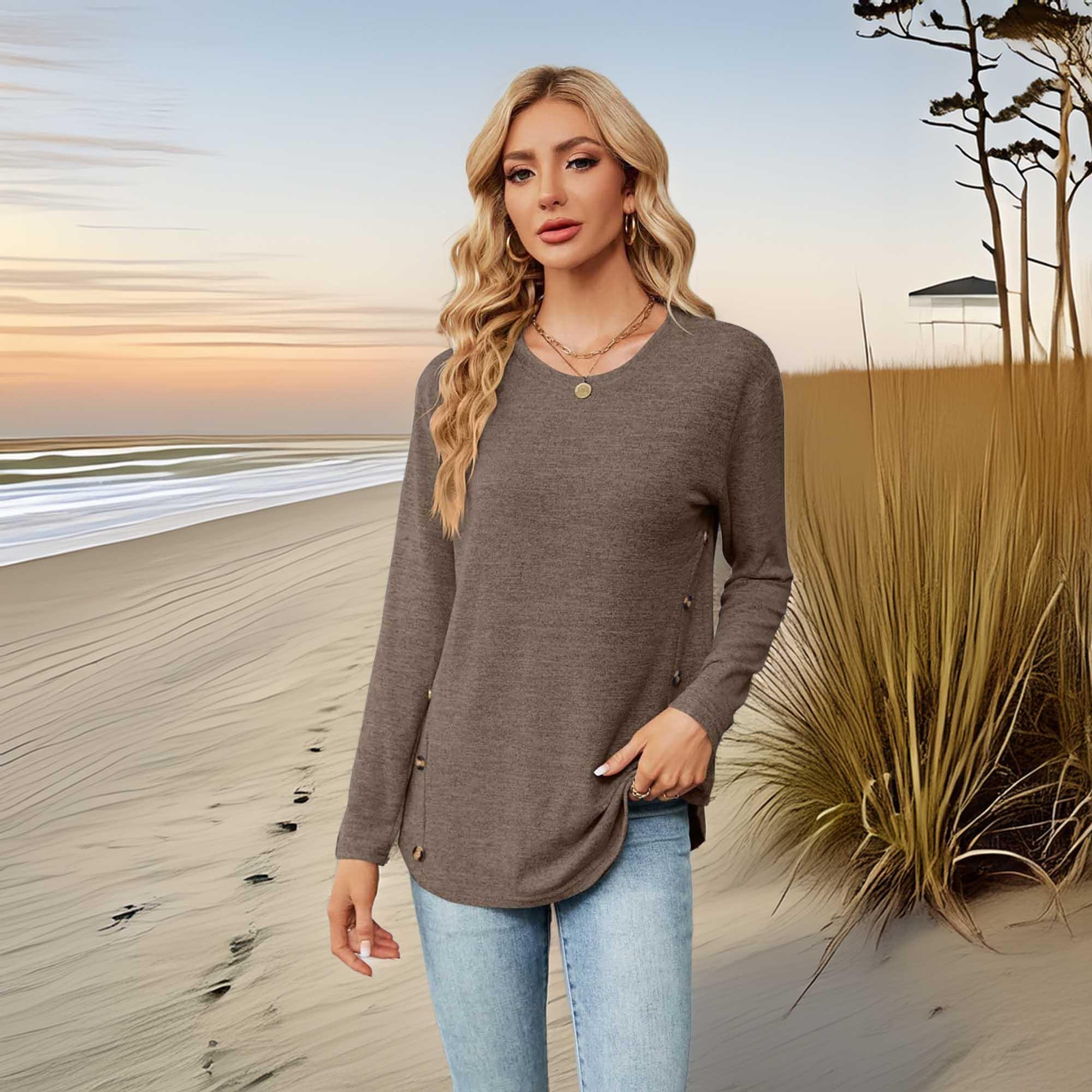 Round Neck Long Sleeve T Shirt With Button Detail - Southern Shores Clothing