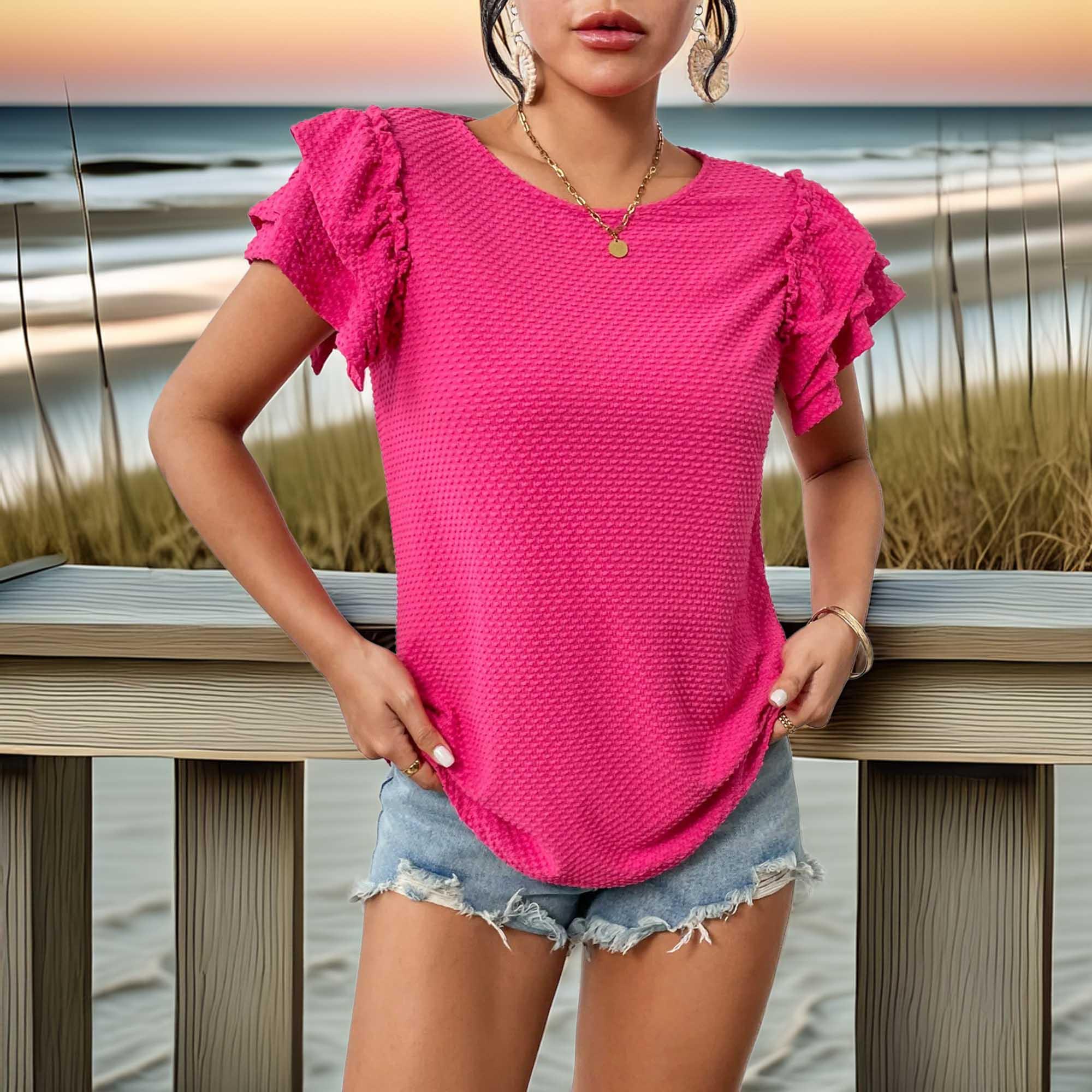 Round Neck Ruffle Sleeve Waffle Knit T Shirt - Southern Shores Clothing