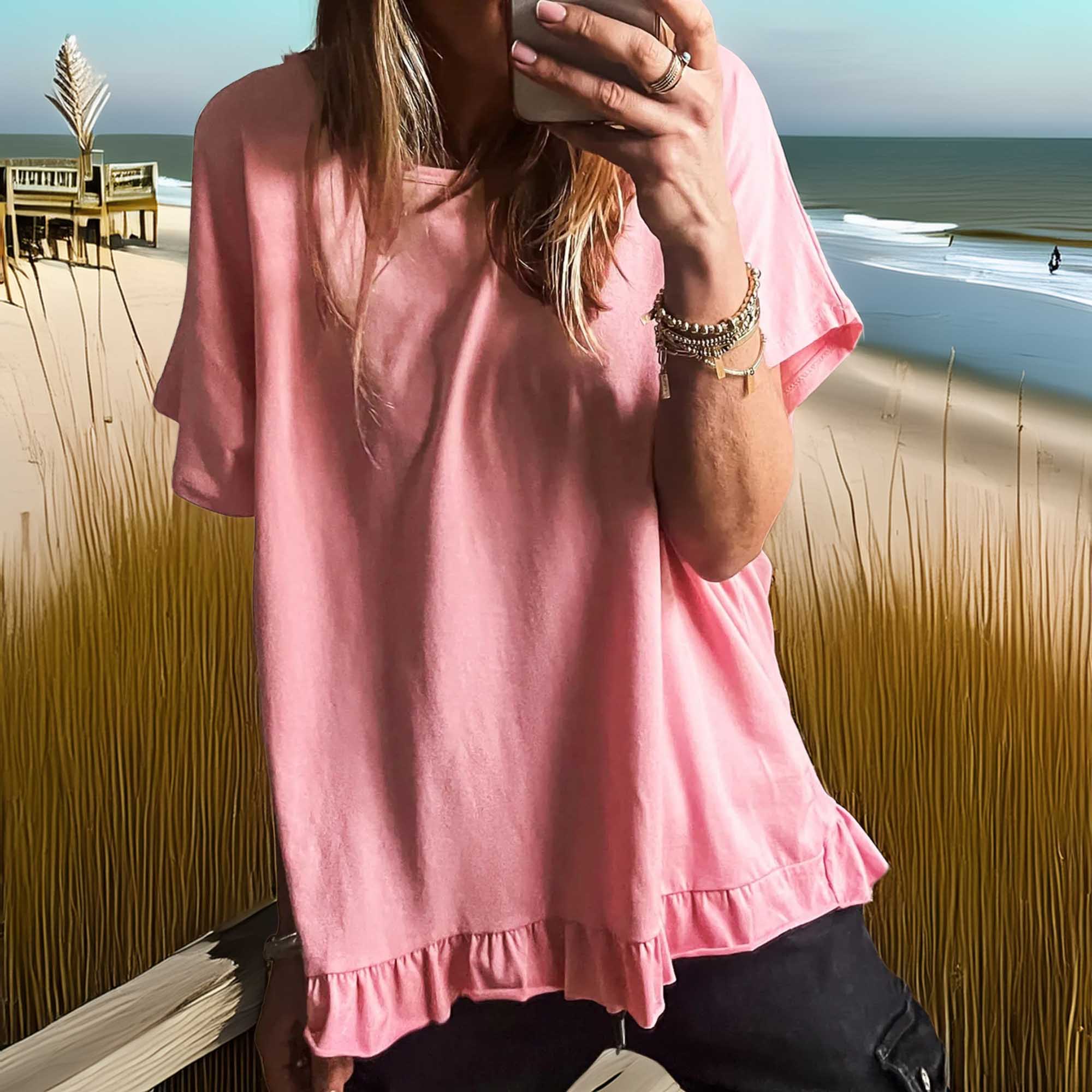 Women's Relaxed Fit Round Neck Ruffle Hem T-Shirt by SYNZ