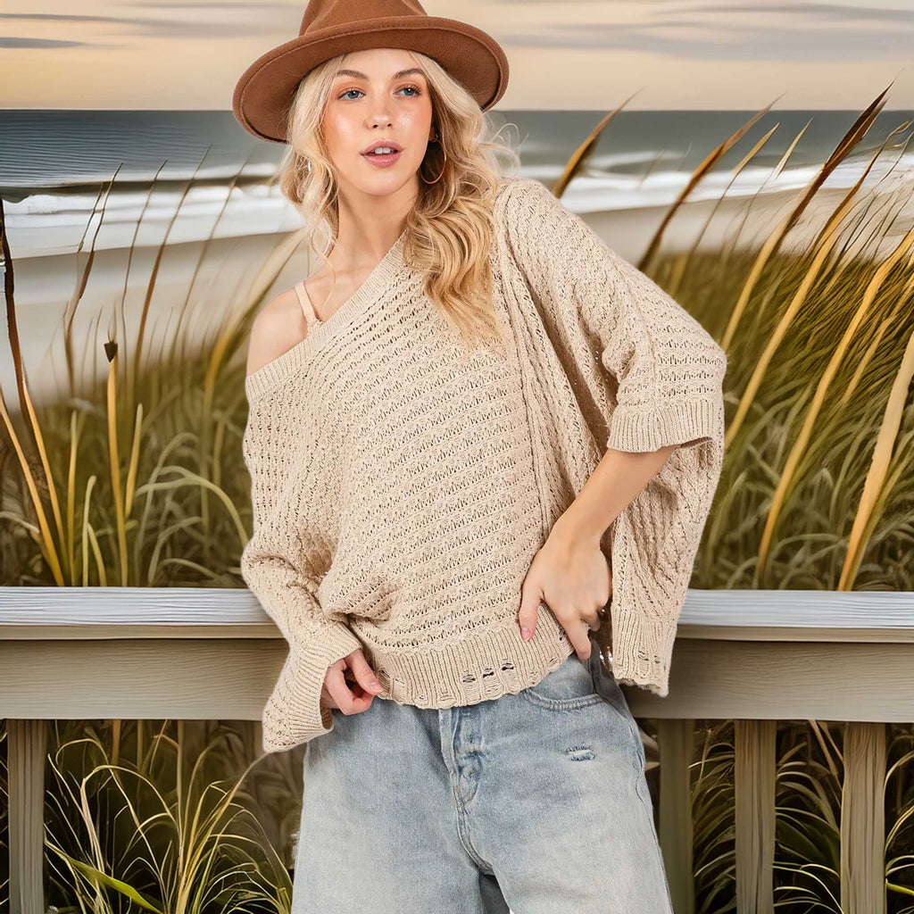 Southern Shores Sage + Fig Distressed Asymmetrical Sweater