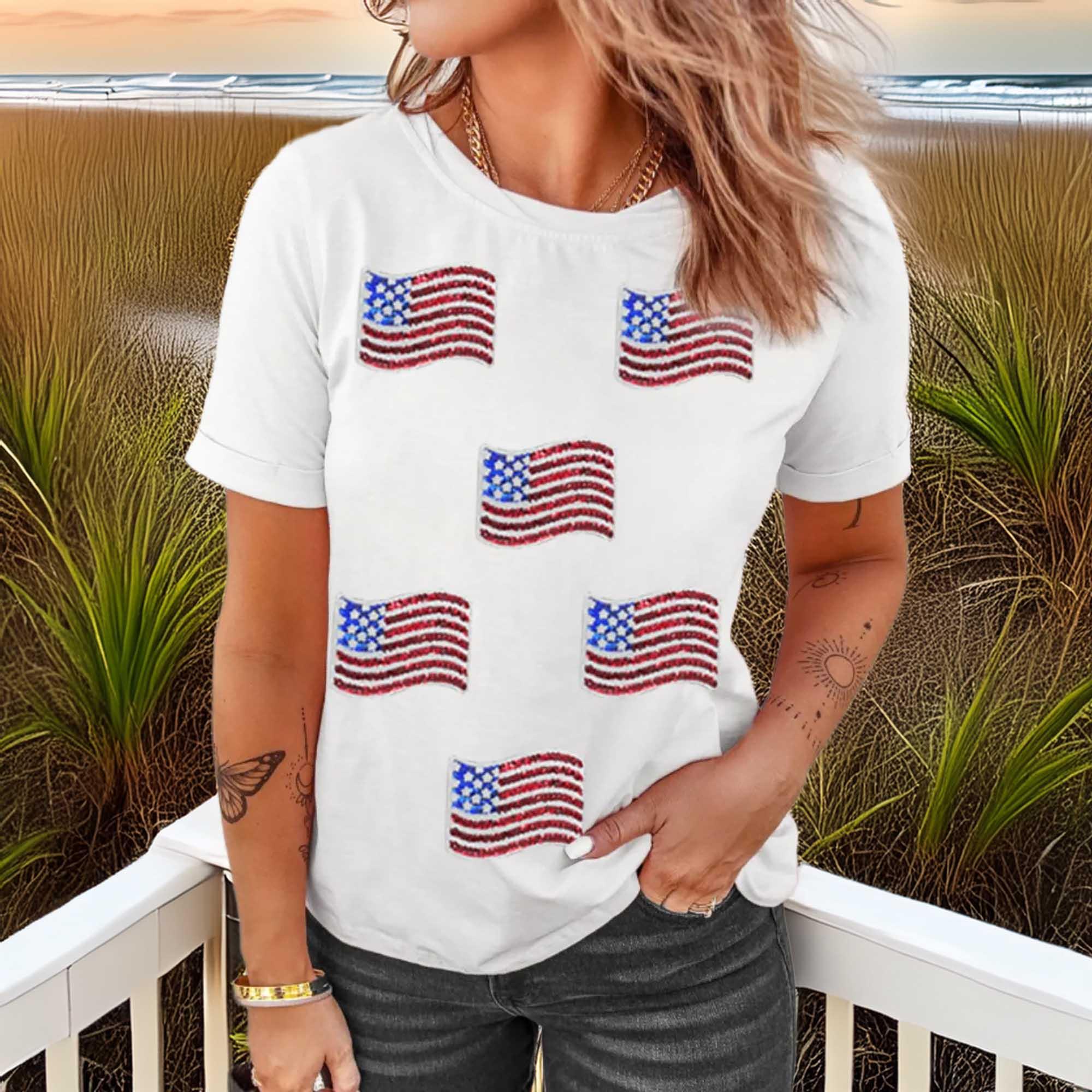 Sequined American Flag Patch Casual T Shirt - Southern Shores Clothing
