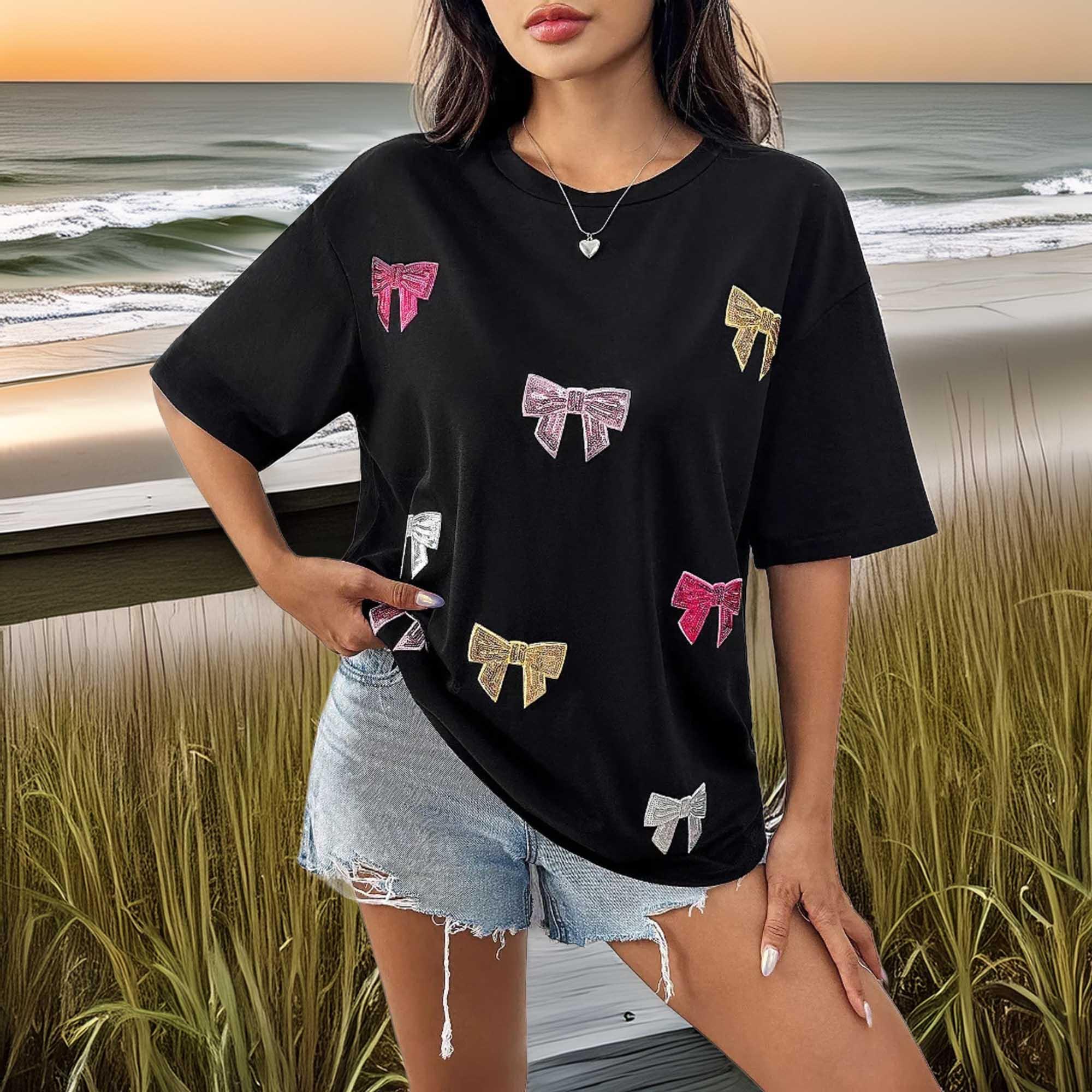Sequin Bow Round Neck Short Sleeve Oversized Tee - Southern Shores Clothing