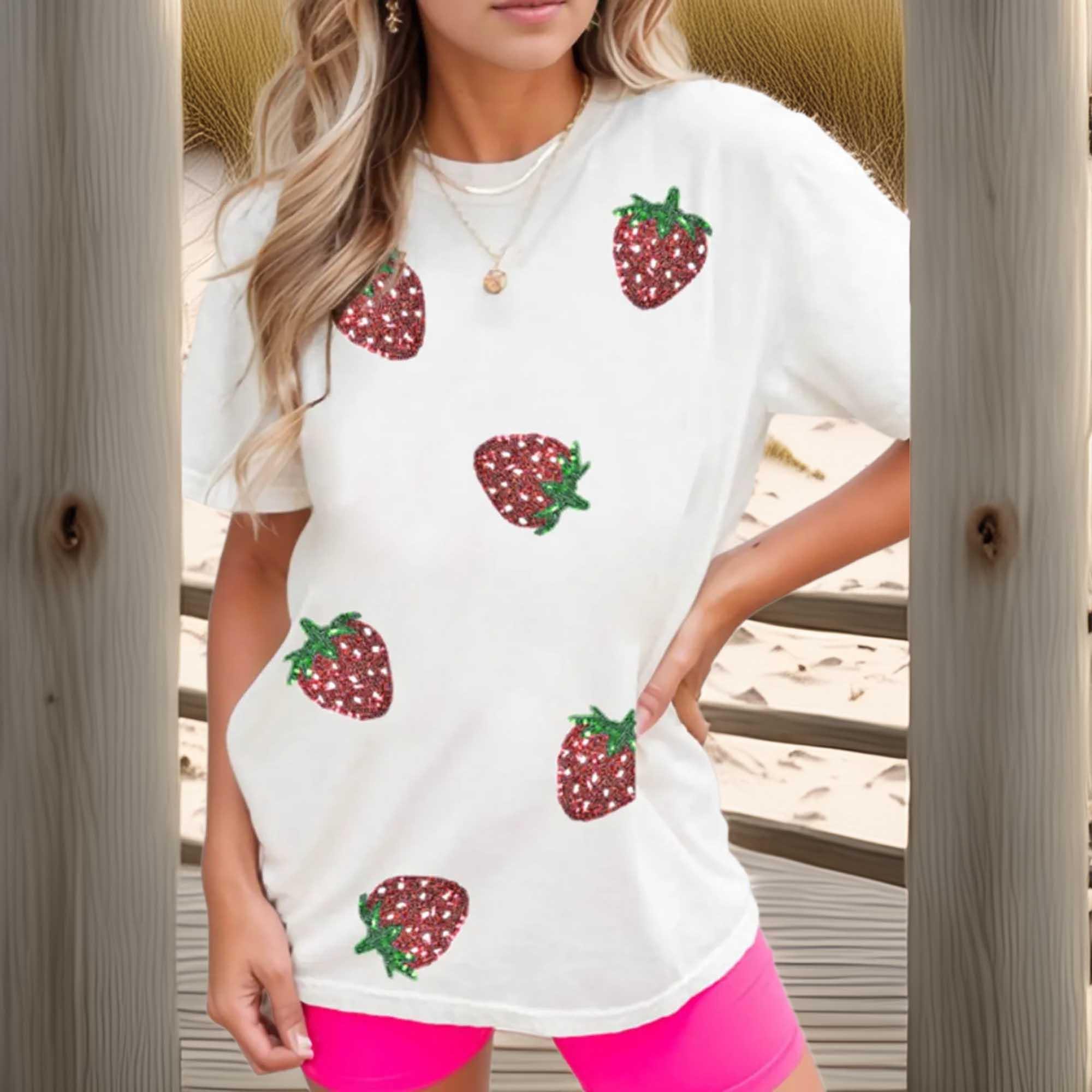 Sequin Strawberry Crew Neck Short Sleeve T Shirt - Southern Shores Clothing