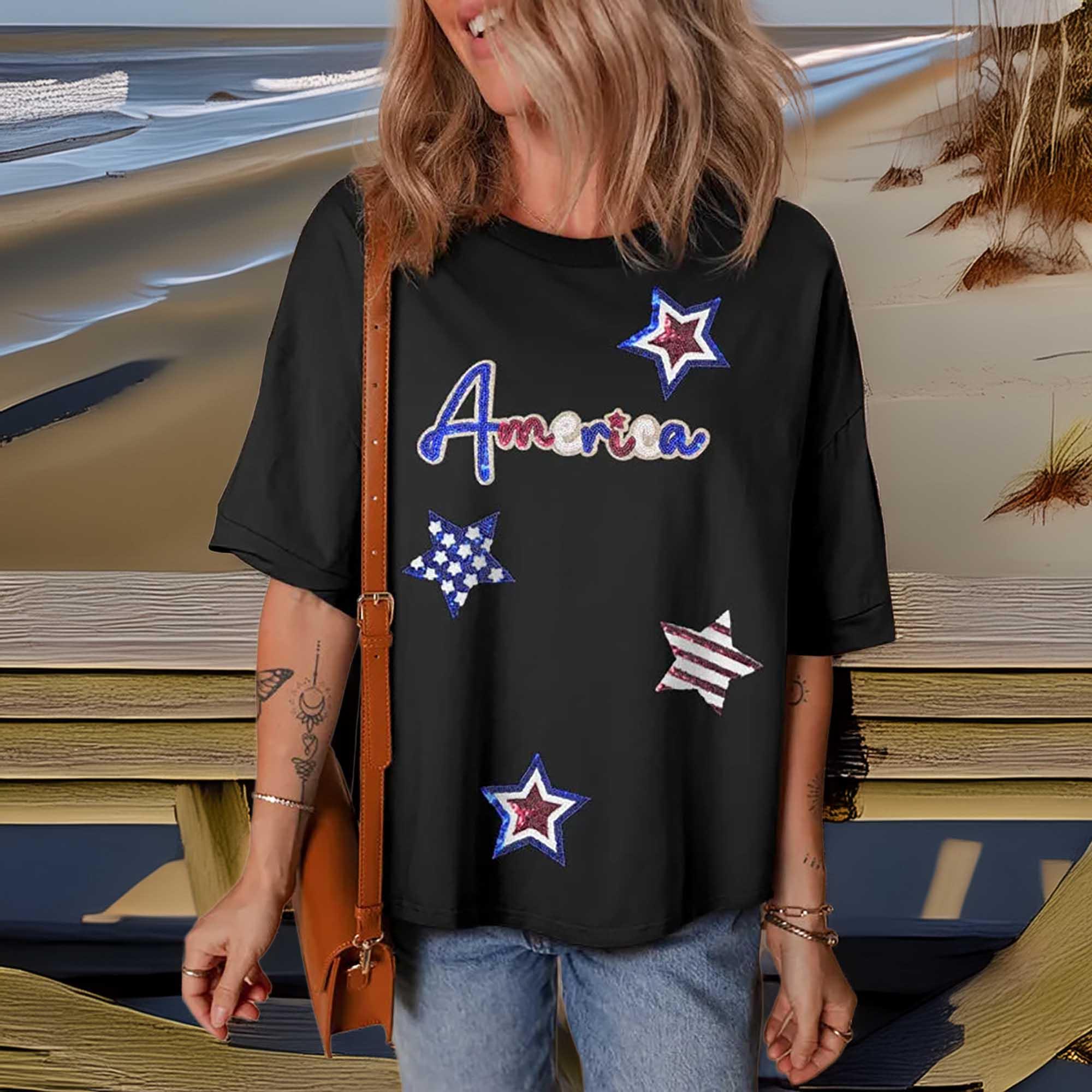 Sequined America Star Round Neck Shirt For Everyday Style - Southern Shores Clothing