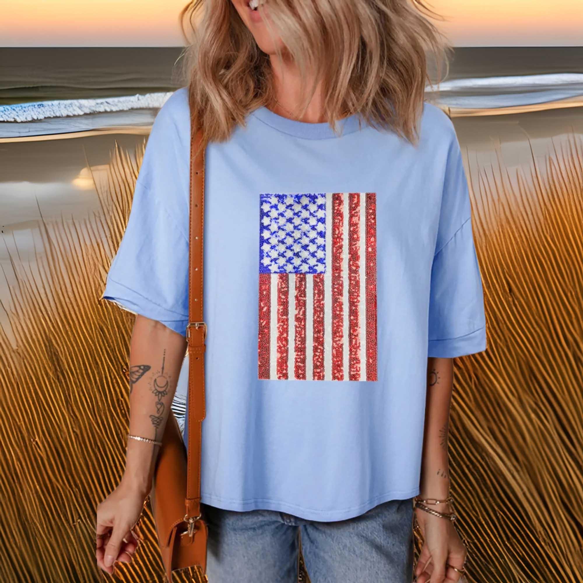 Sequined American Flag Dropped Shoulder T Shirt - Southern Shores Clothing