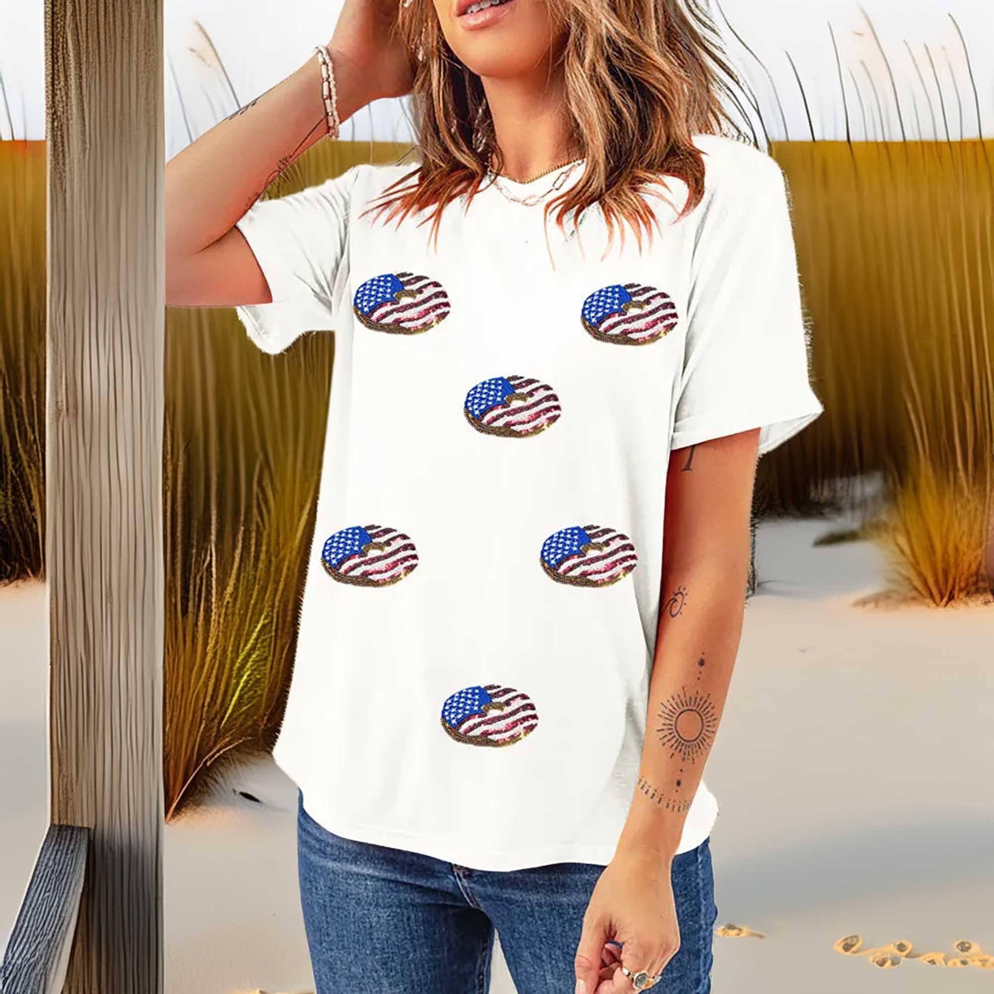 Sequined Flag Round Neck Short Sleeve Tee - Southern Shores Clothing