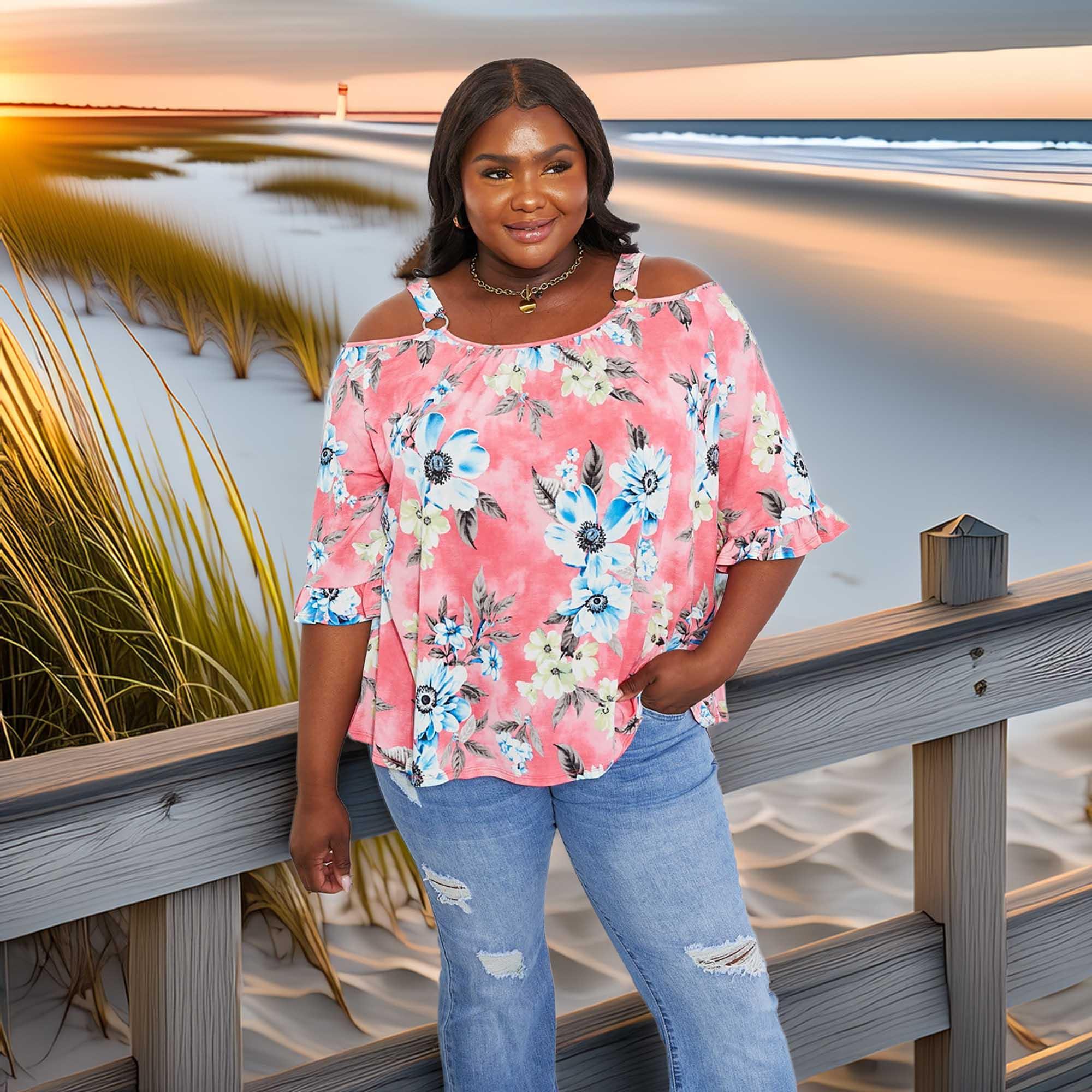 Floral Cold Shoulder Knit Top With Stretch - Southern Shores Clothing