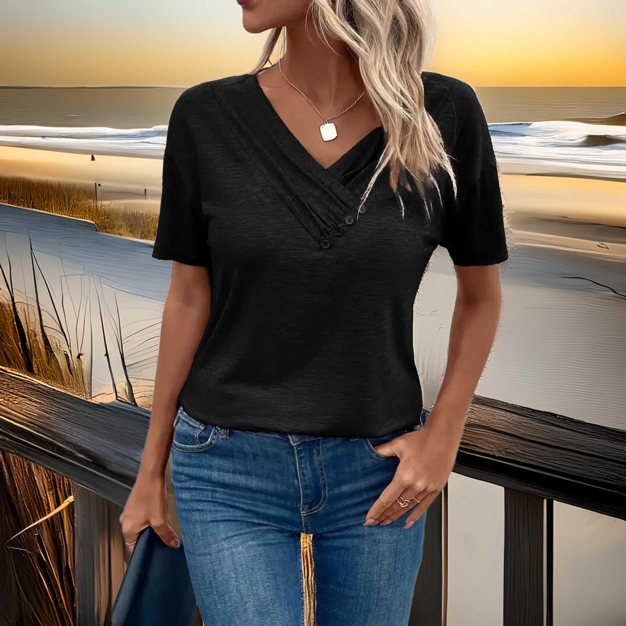 Ruched V-Neck Short Sleeve Basic Style T Shirt - Southern Shores Clothing