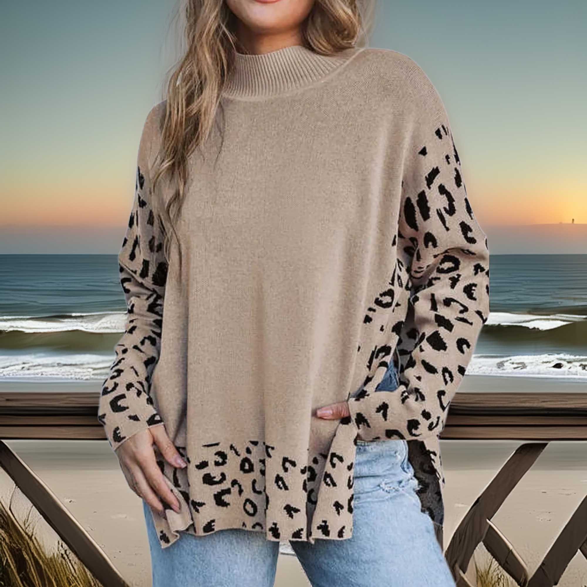 Southern Shores Slit Leopard Mock Neck Dropped Shoulder Sweater