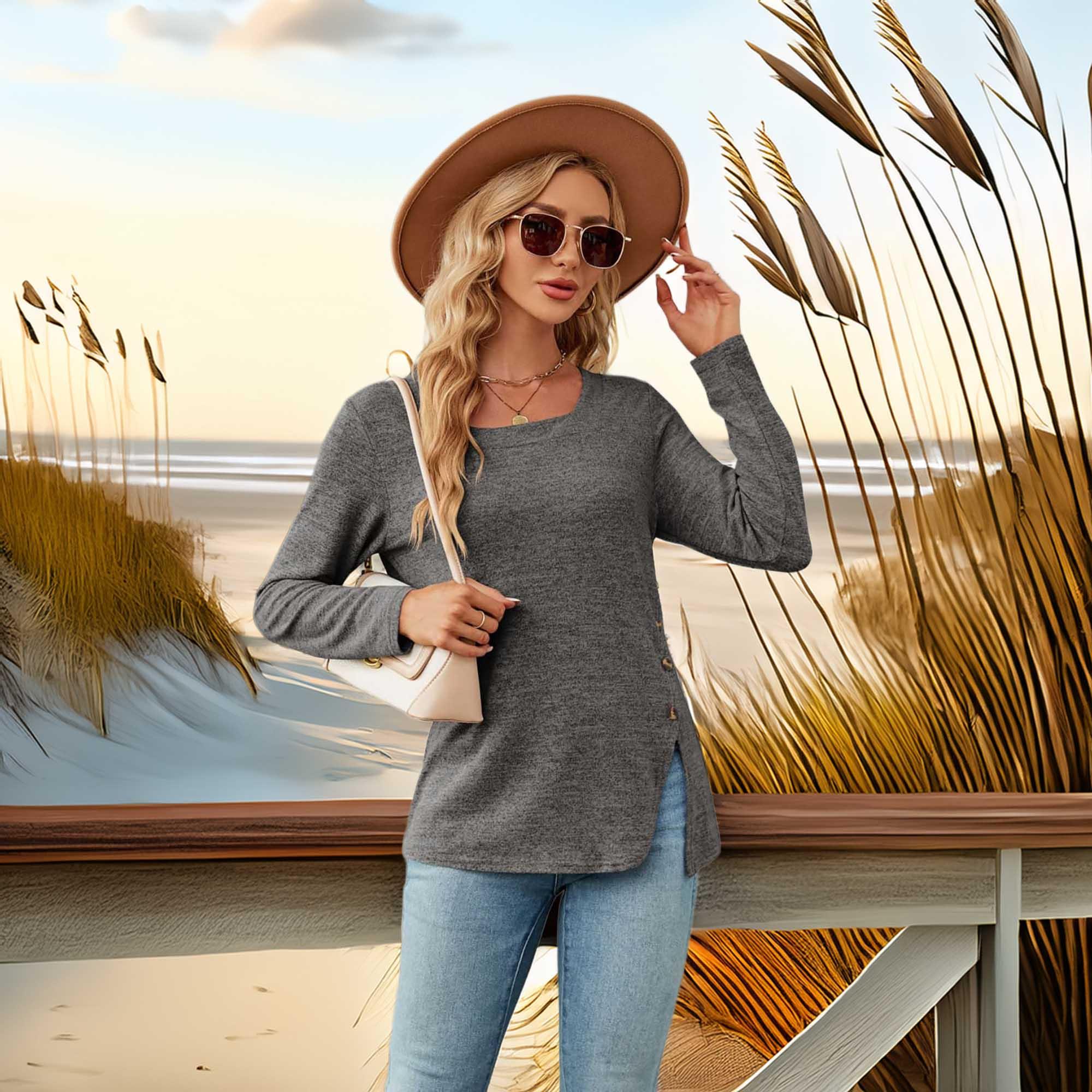 Square Neck Long Sleeve Slit Stretchy T Shirt - Southern Shores Clothing