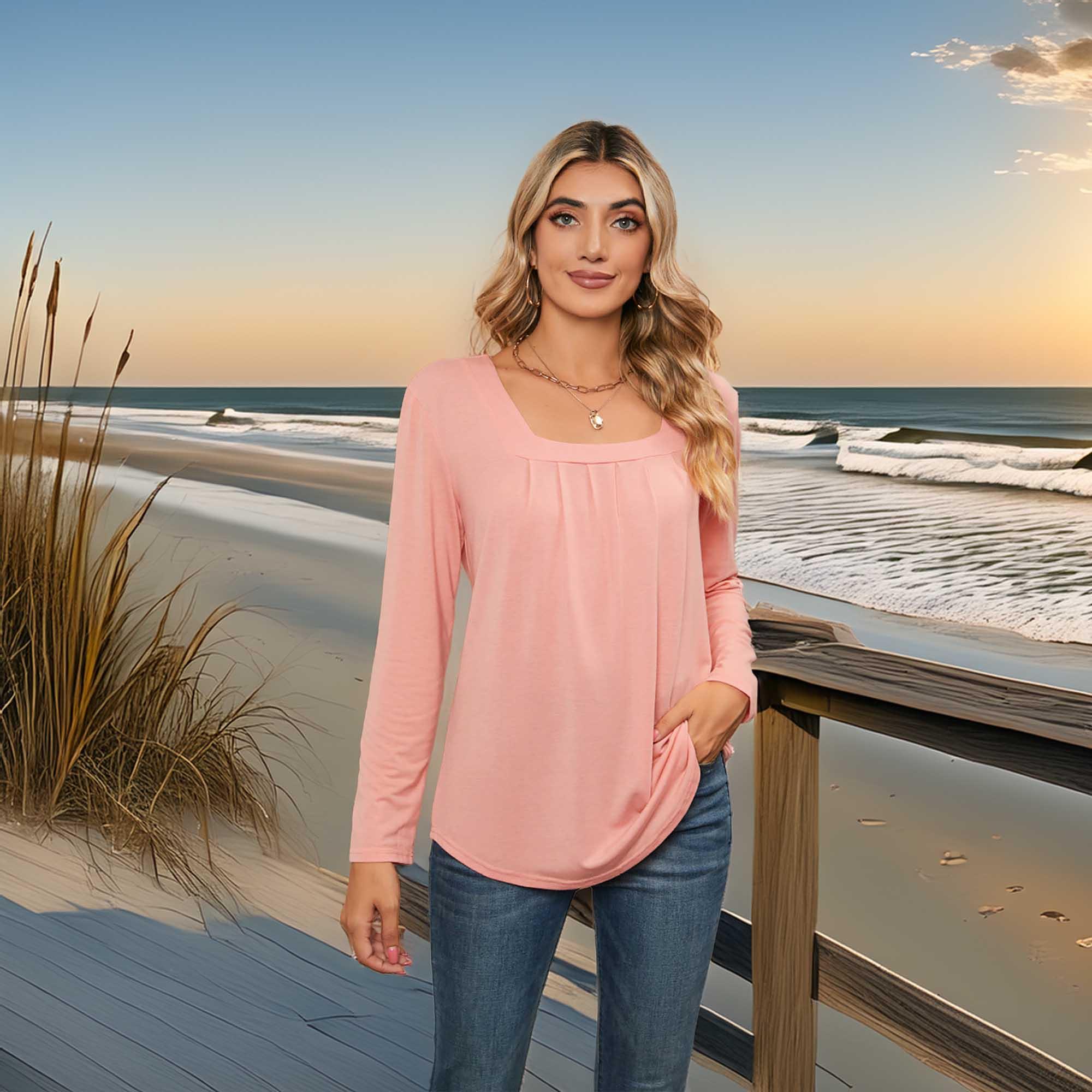Square Neck Stretch Long Sleeve T Shirt Everyday - Southern Shores Clothing