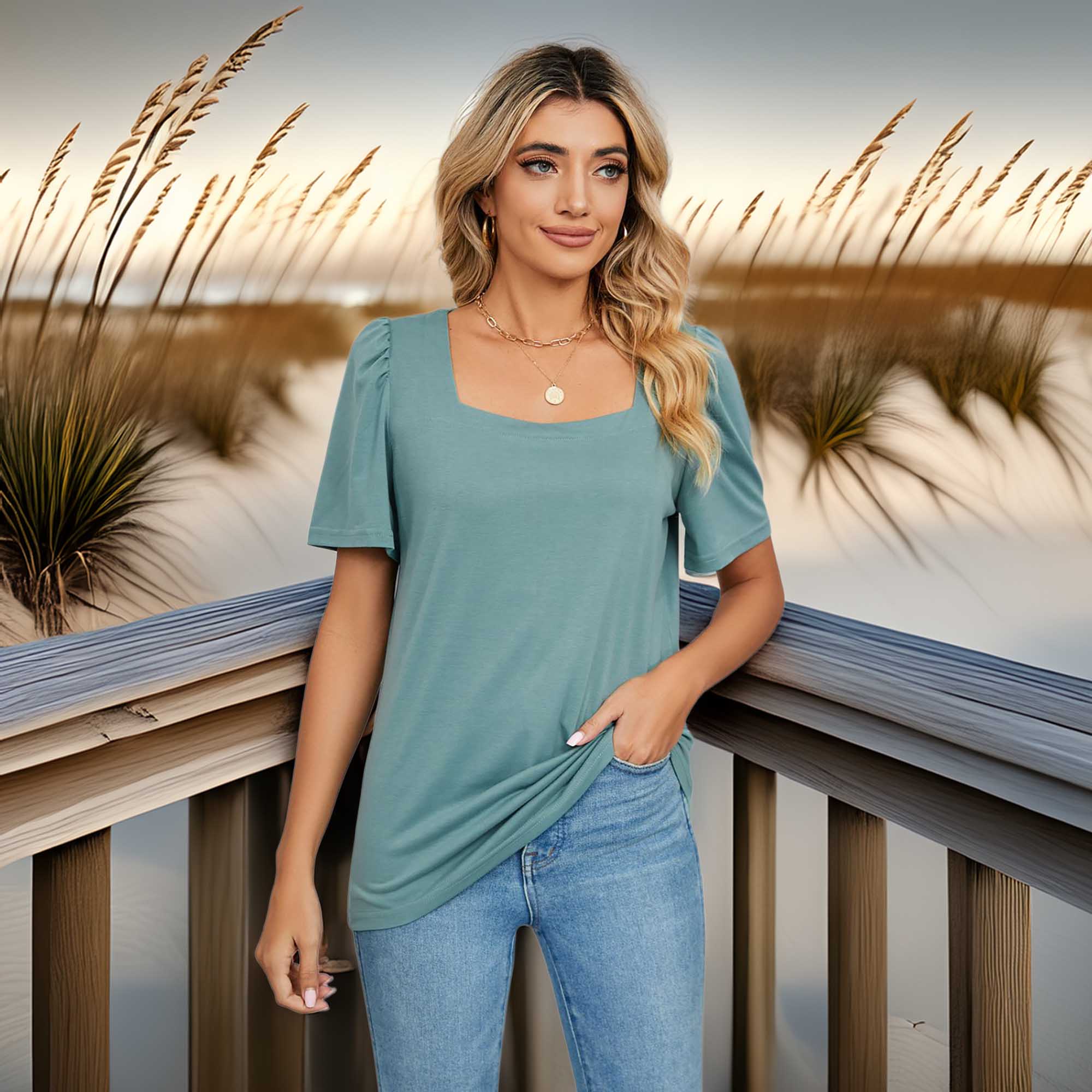 Casual Women's Square Neck Puff Short Sleeve T-Shirt with Regular Fit