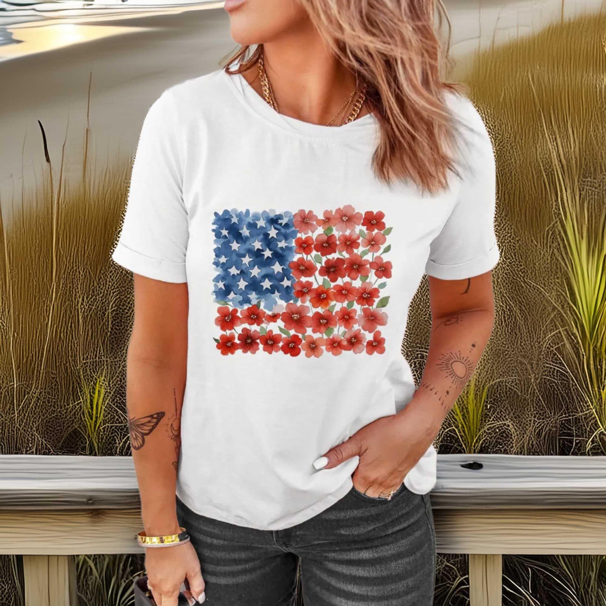 Star Floral American Flag Print T Shirt Graphic - Southern Shores Clothing