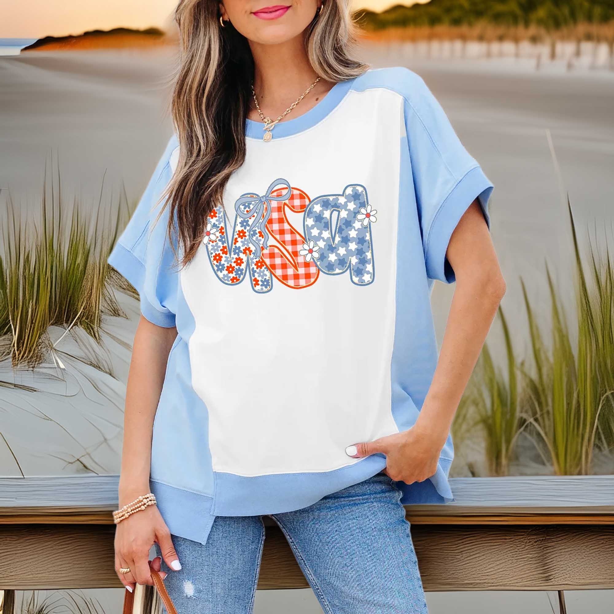 Women's Star Plaid Flower USA Graphic Color Block Crewneck T-Shirt