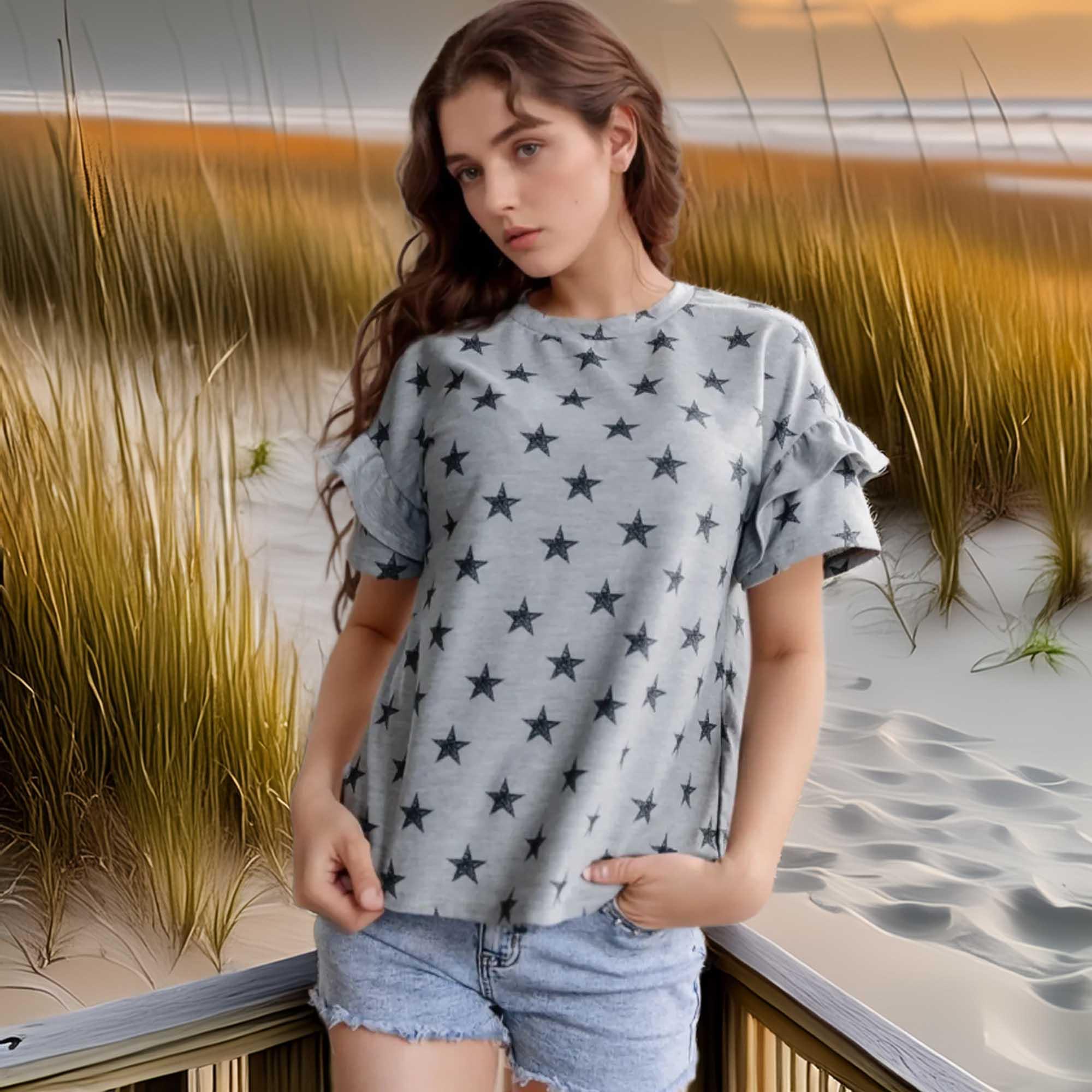 Star Print Tiered Ruffled Sleeve Crew Neck T Shirt - Southern Shores Clothing