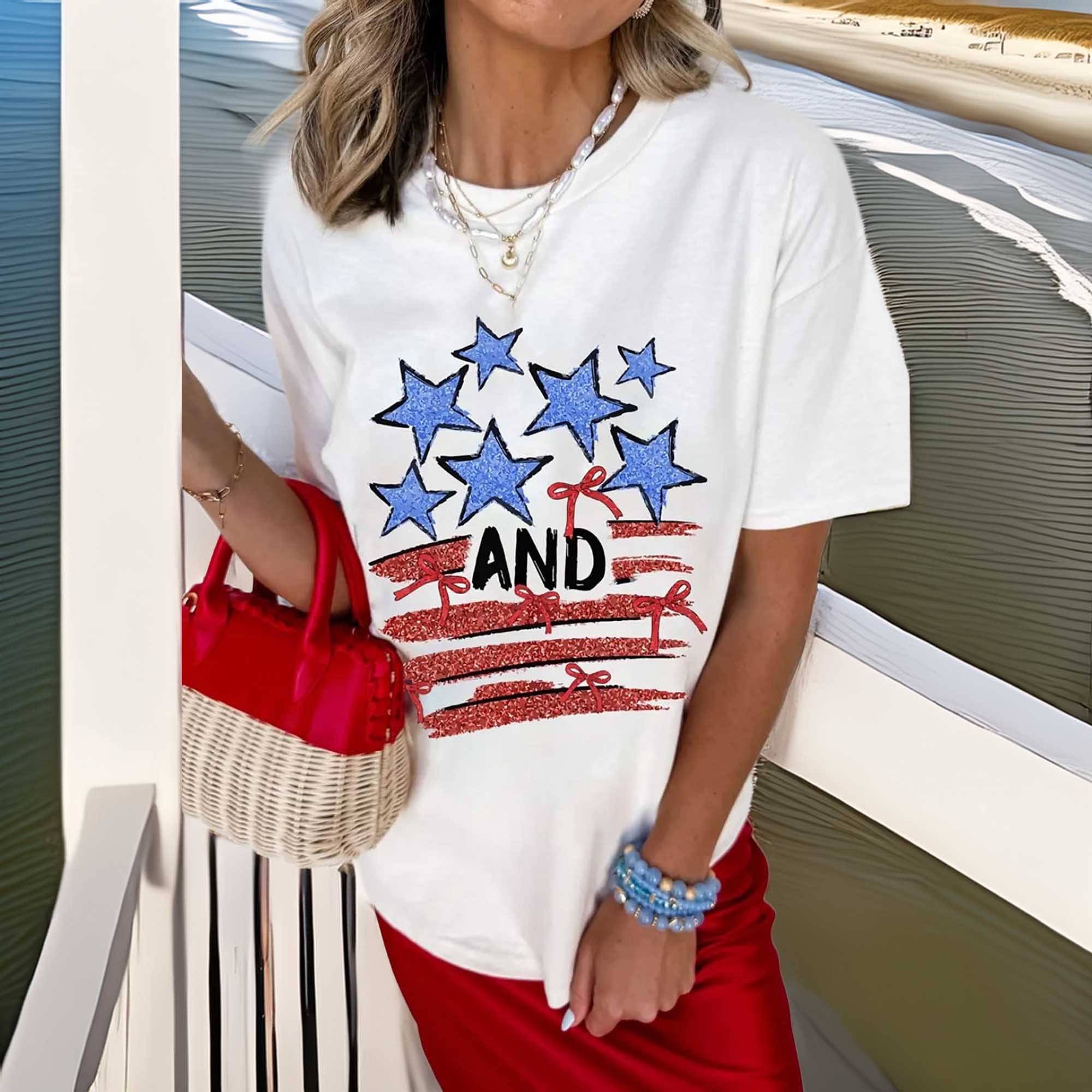 SYNZ Women's Stars and Stripes Bow Graphic T-Shirt, Slightly Stretchy