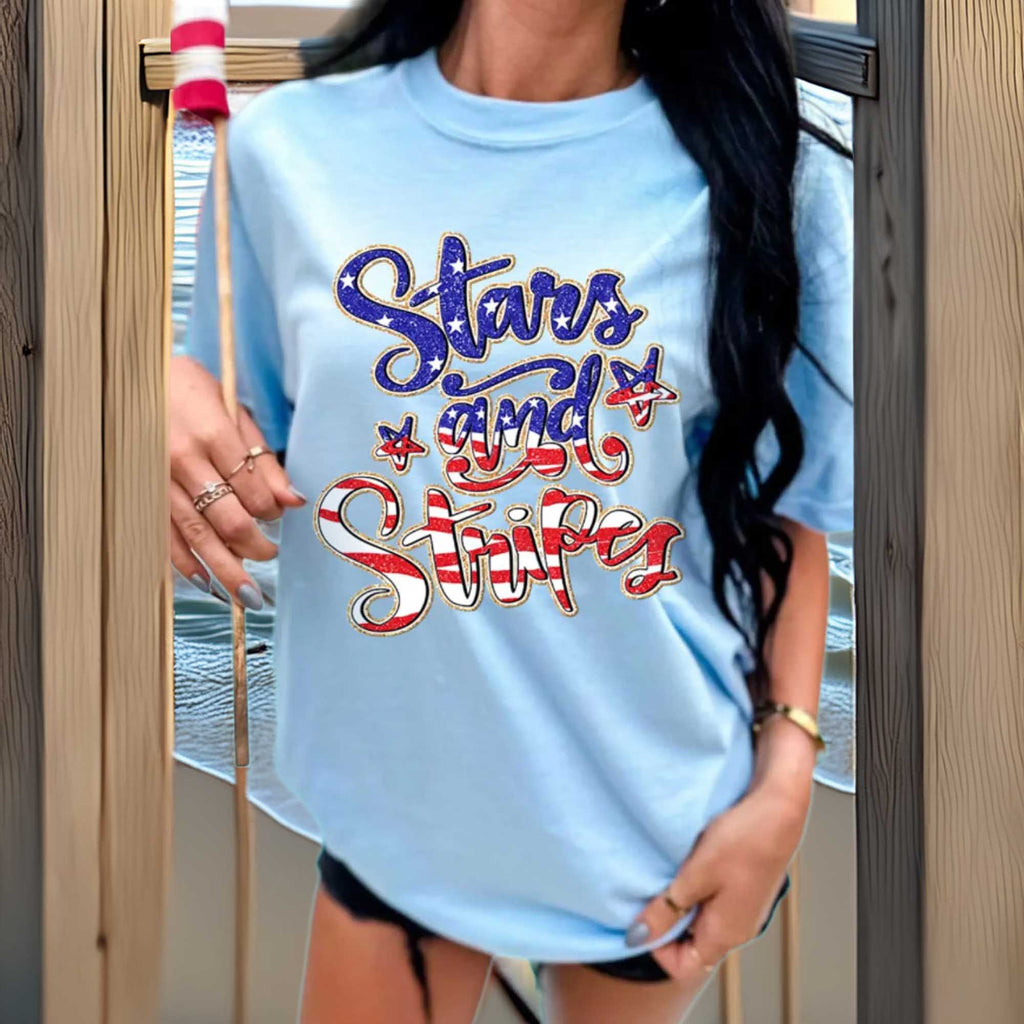 Women's Stars and Stripes Patriotic Graphic T-Shirt in Basic Style