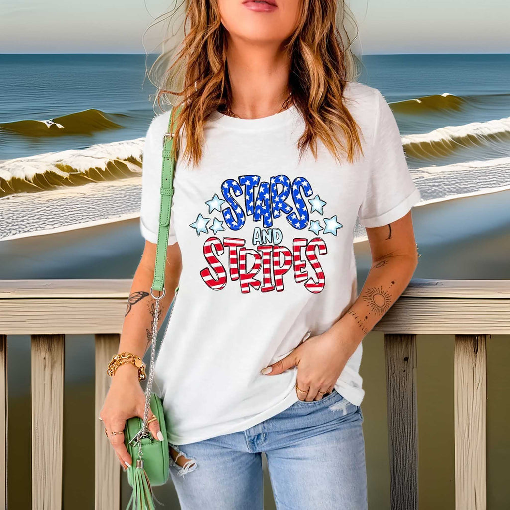 Women's Stars and Stripes Round Neck Short Sleeve T-Shirt by SYNZ