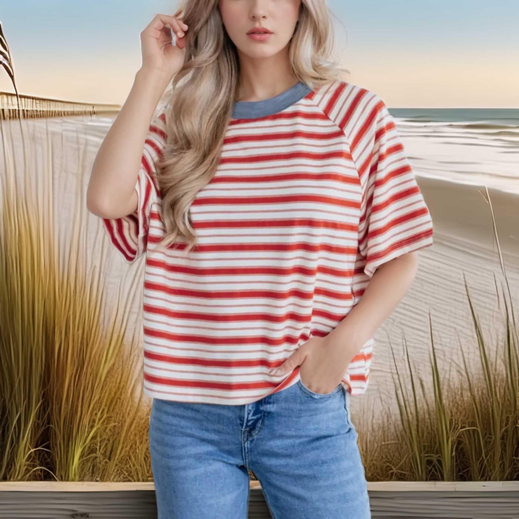 Stripe Print Contrast Collar Raglan Sleeve T Shirt - Southern Shores Clothing