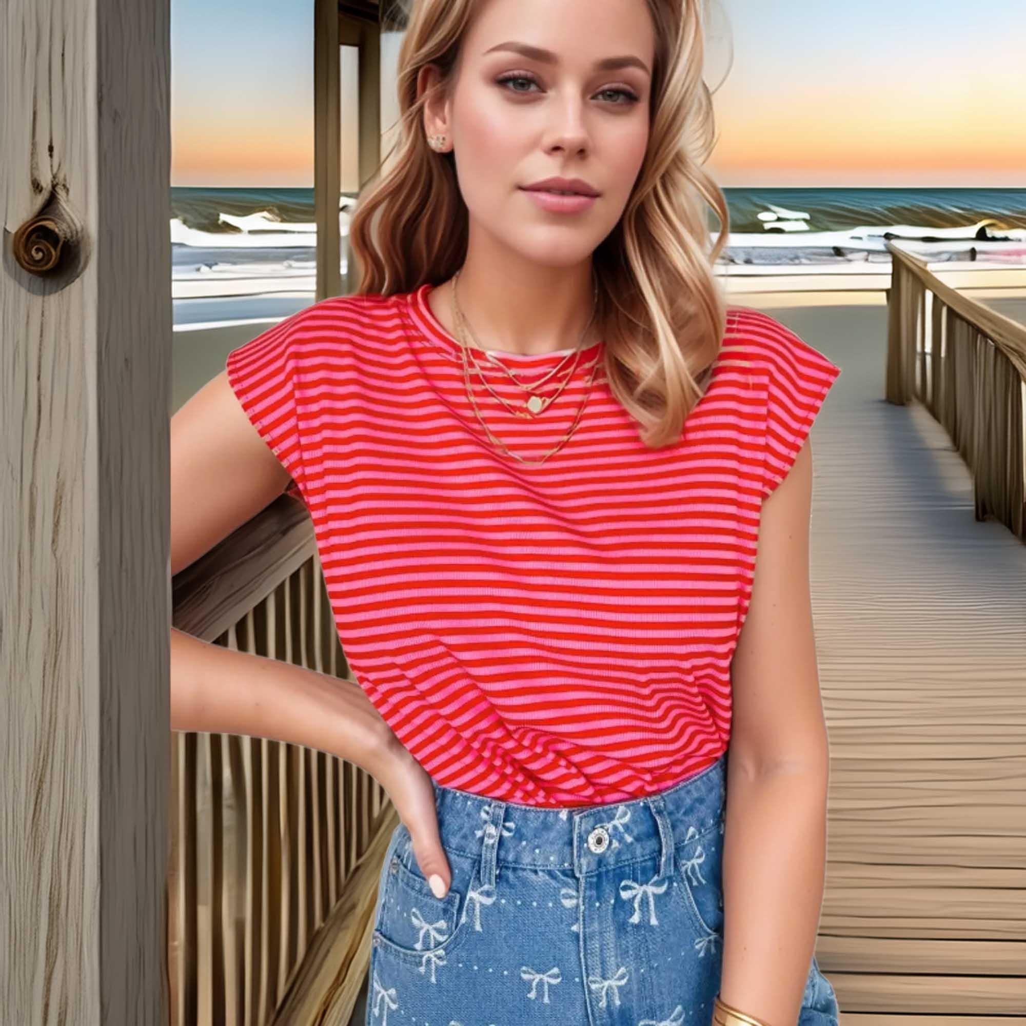 Stripe Ribbed Cap Sleeve Round Neck T Shirt - Southern Shores Clothing