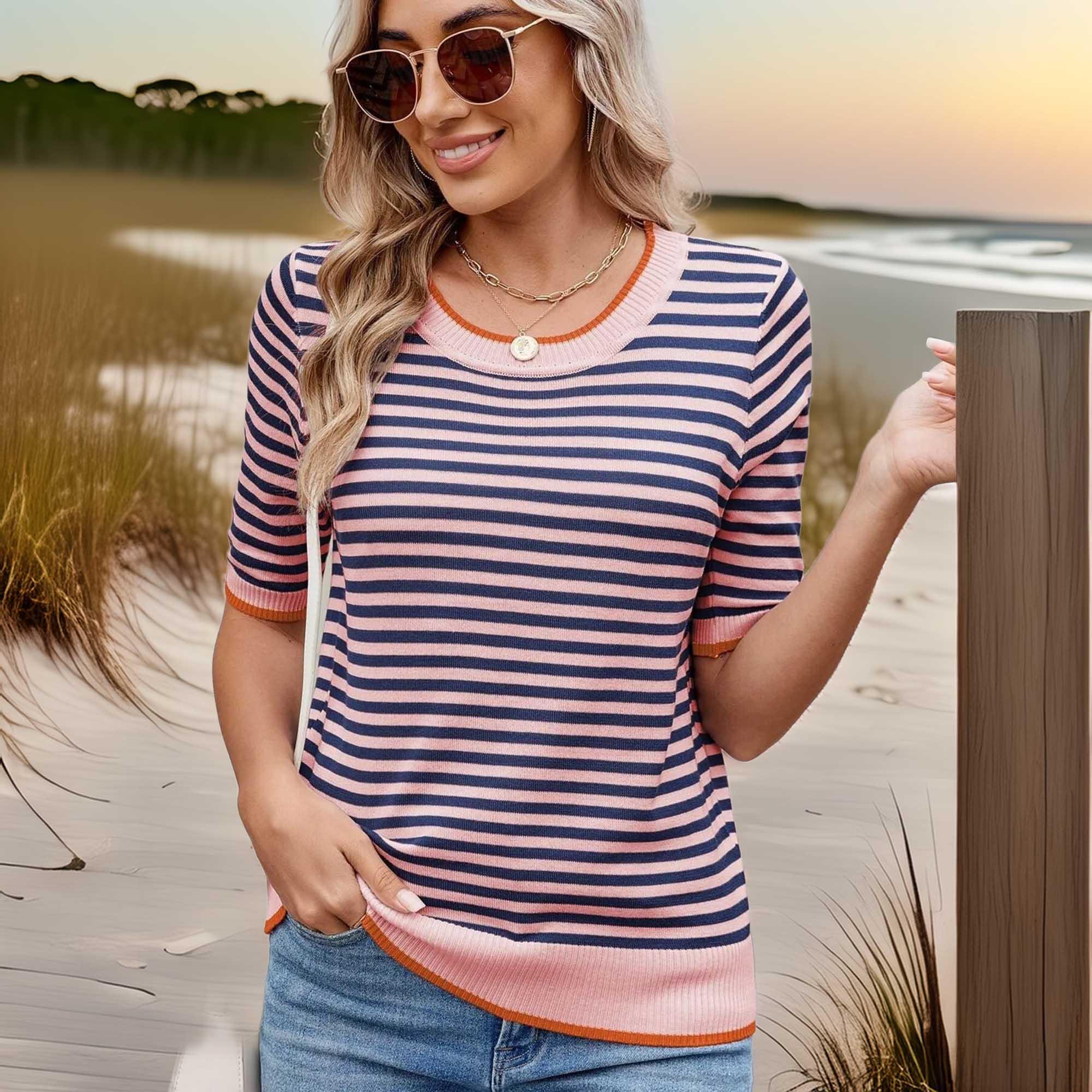 Striped Casual T-Shirt With Contrast Trim Basic Fit - Southern Shores Clothing