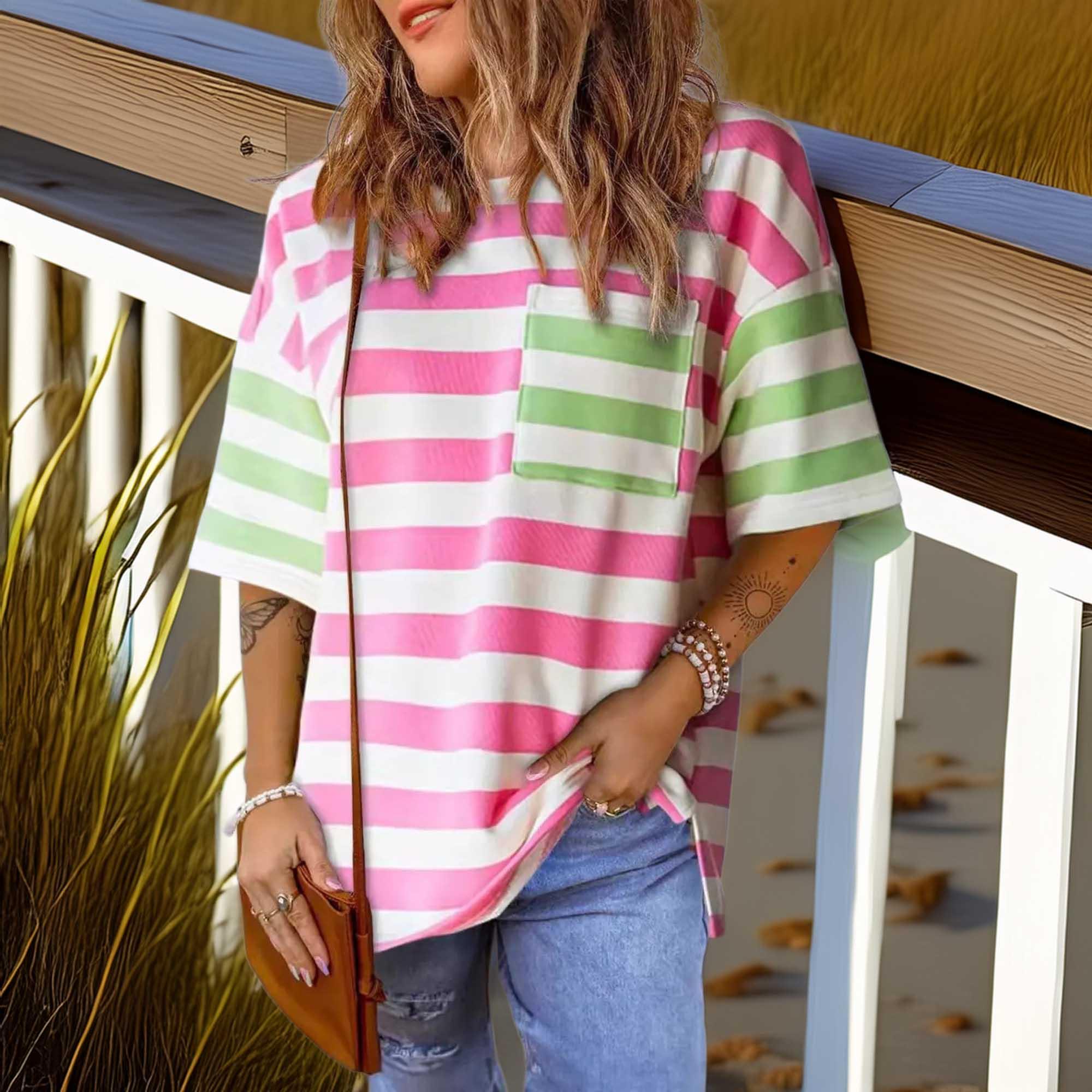 Flawless Fit Oversized Striped Short Sleeve Pocket T Shirt - Southern Shores Clothing