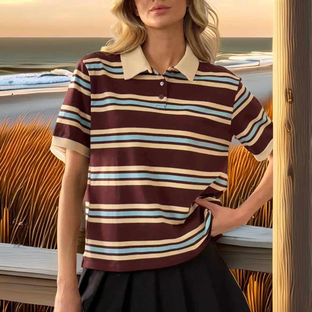 Little Blue Minx Striped Polo T-Shirt with Contrast Collar