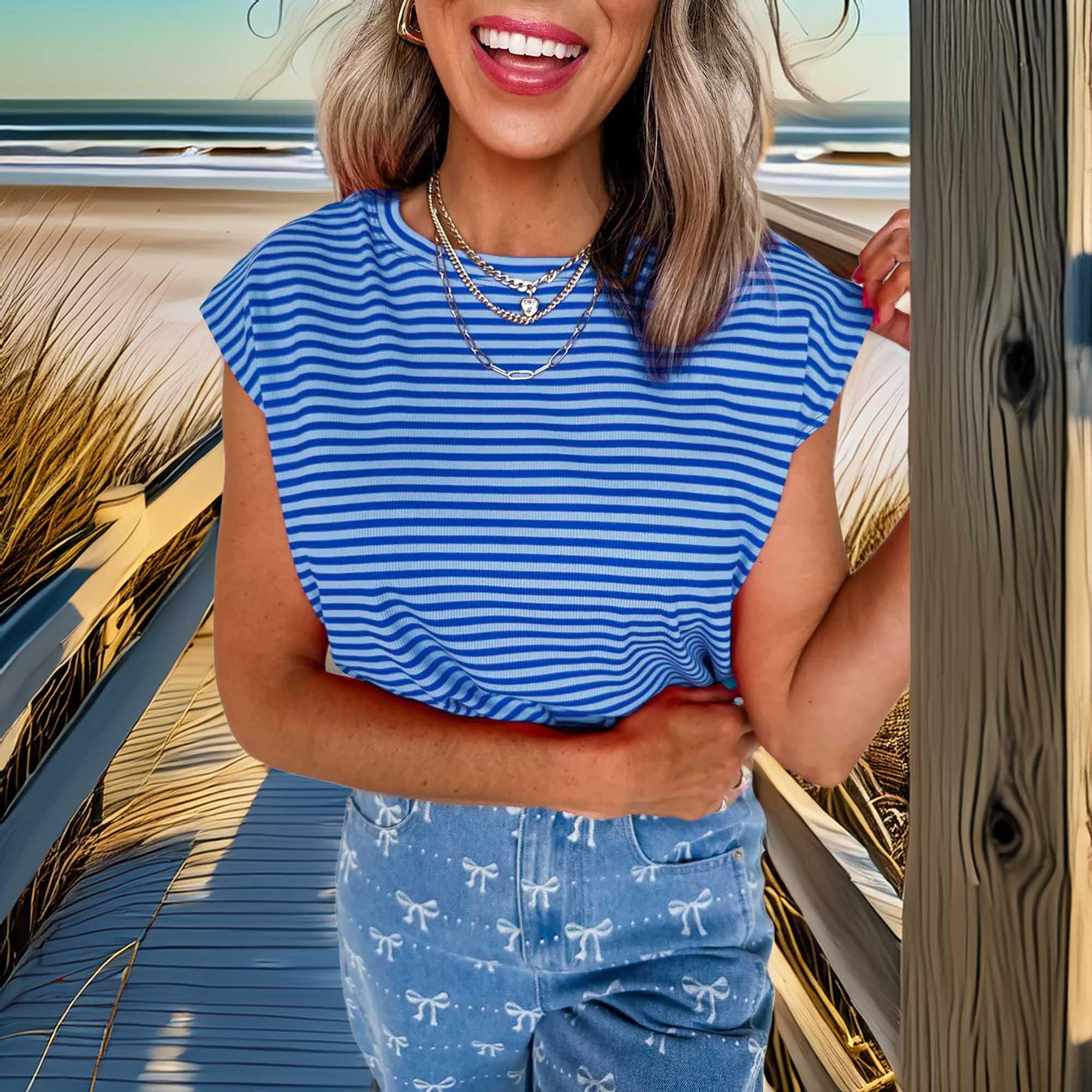 Striped Round Neck Cap Sleeve T Shirt Casual - Southern Shores Clothing