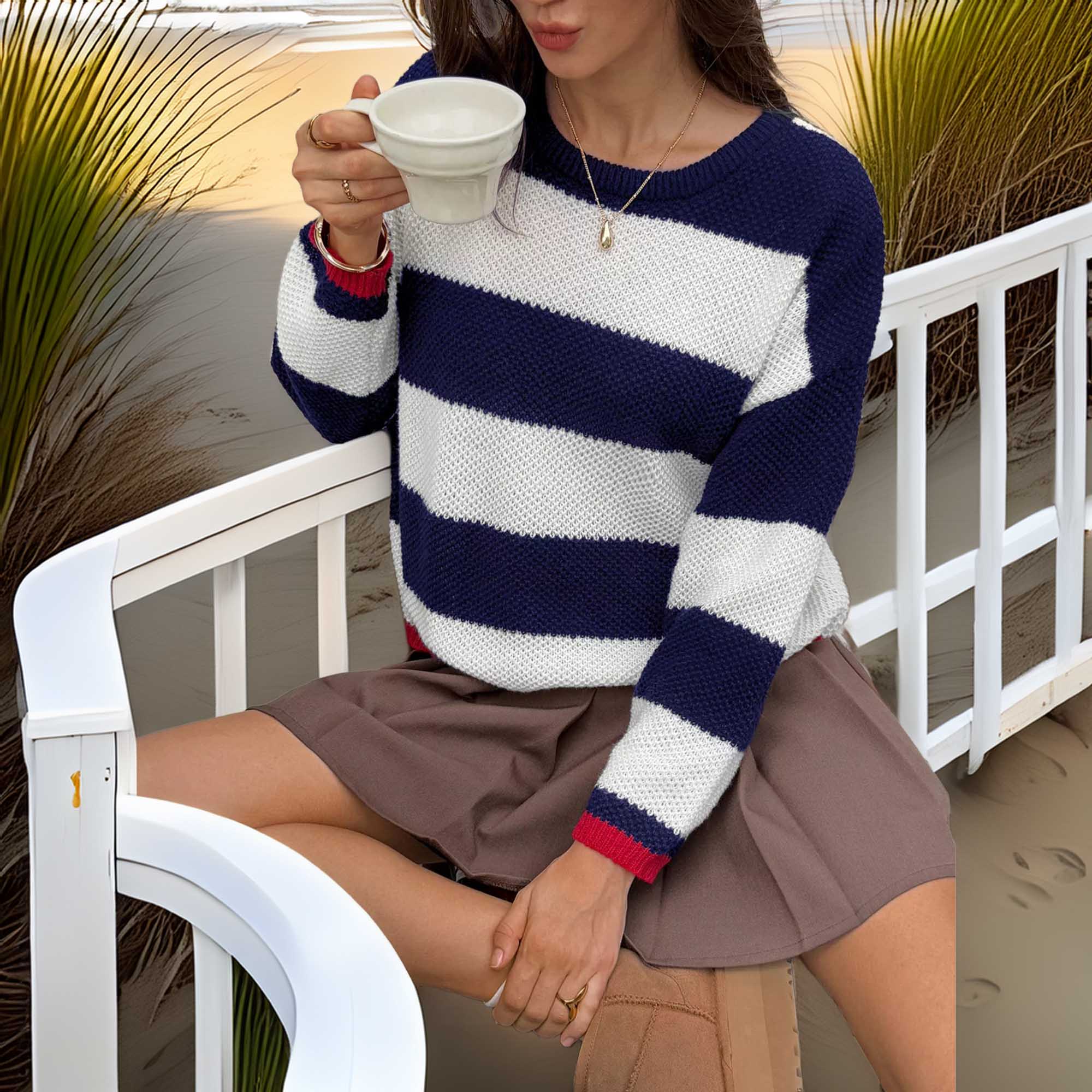 Southern Shores Striped Round Neck Stretch Sweater