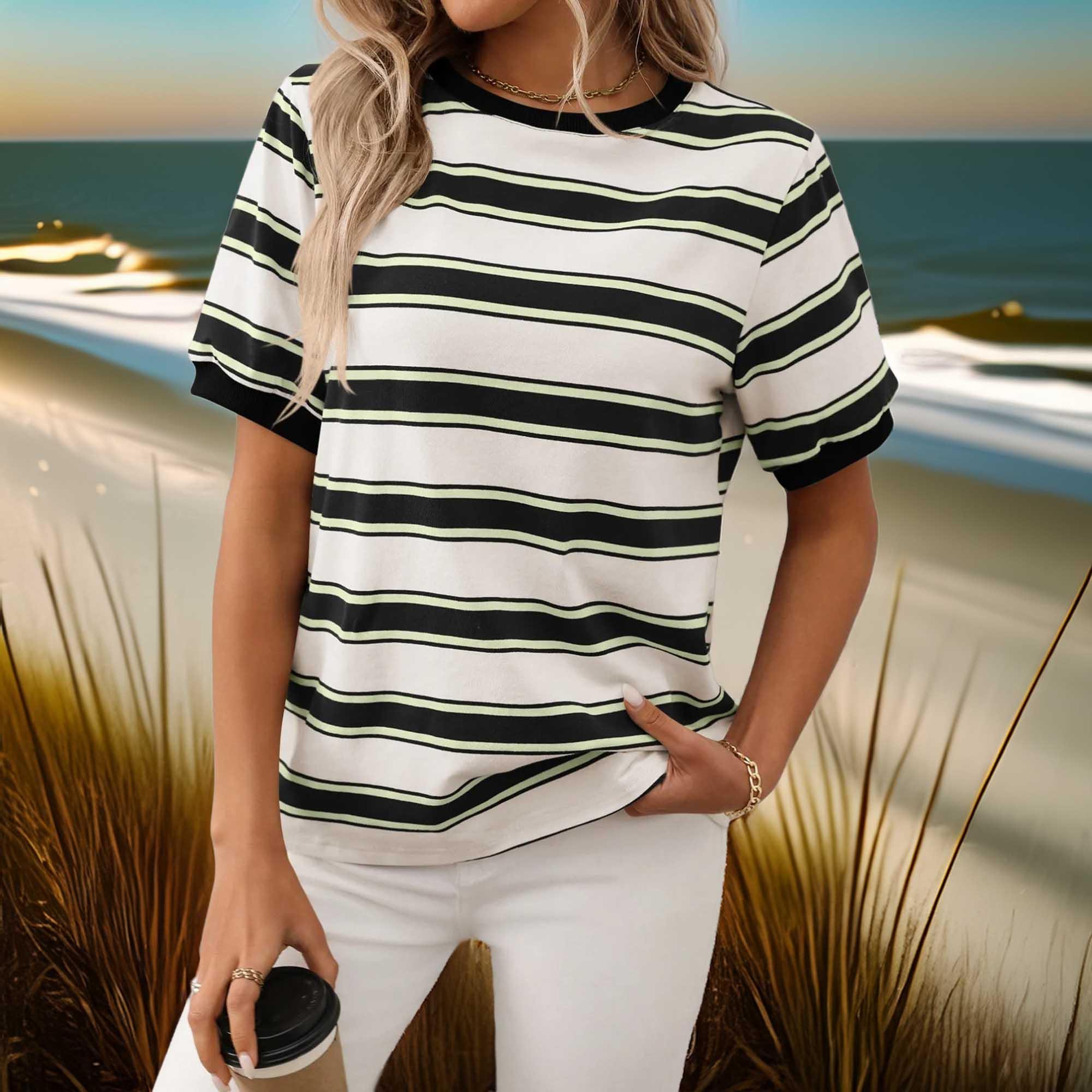 Striped Short Sleeve Crew Neck T Shirt For Everyday Wear - Southern Shores Clothing