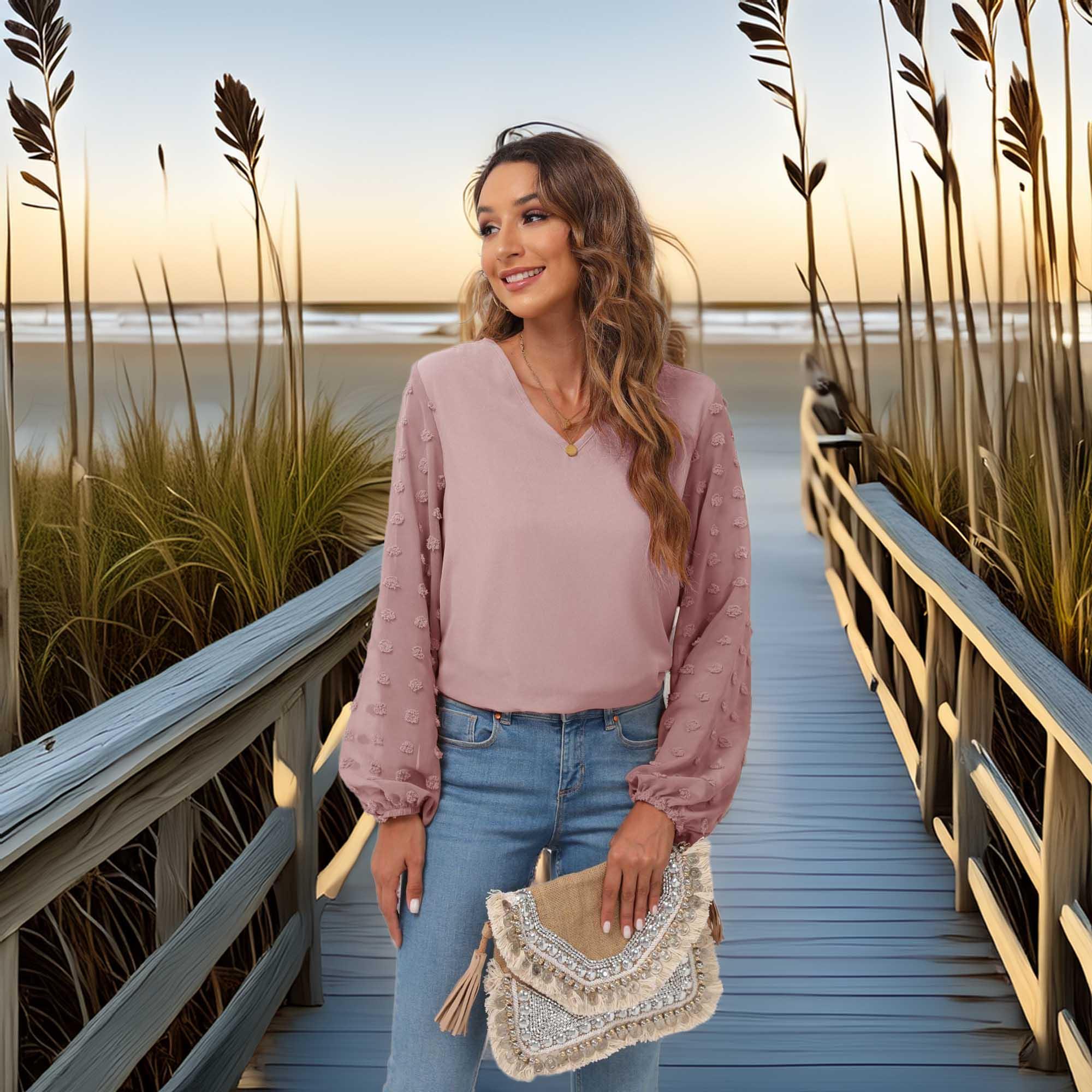 Stretch Swiss Dot V Neck Balloon Sleeve Blouse - Southern Shores Clothing
