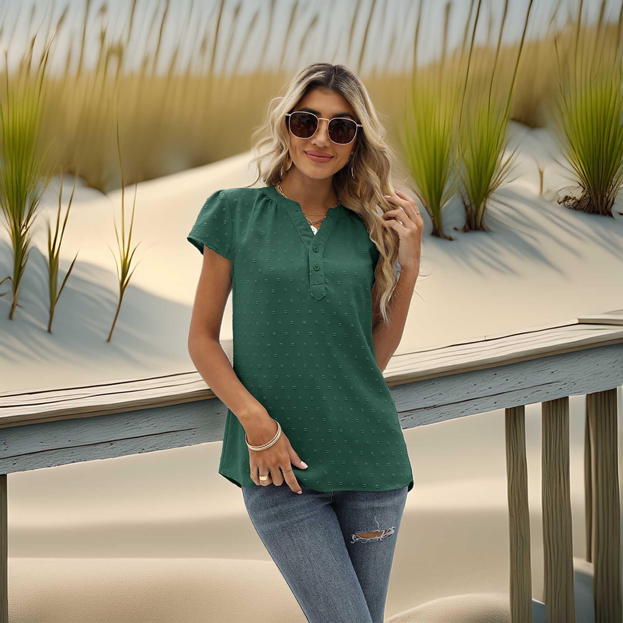 Swiss Dot Notched Neck Short Sleeve Top Casual Wear - Southern Shores Clothing