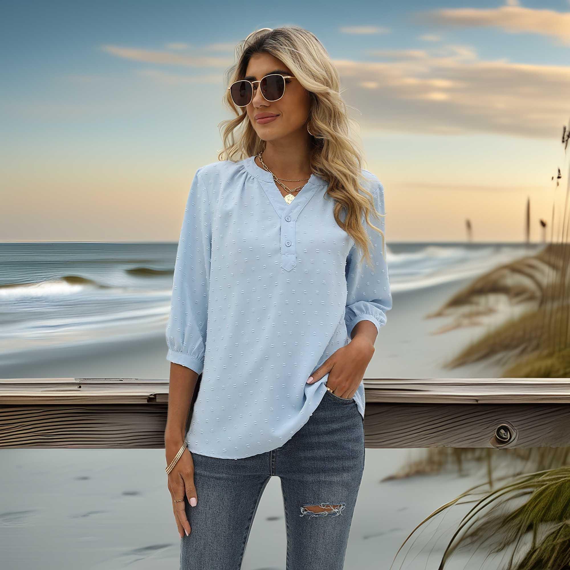 Swiss Dot Notched Neck Three-Quarter Sleeve Blouse - Southern Shores Clothing