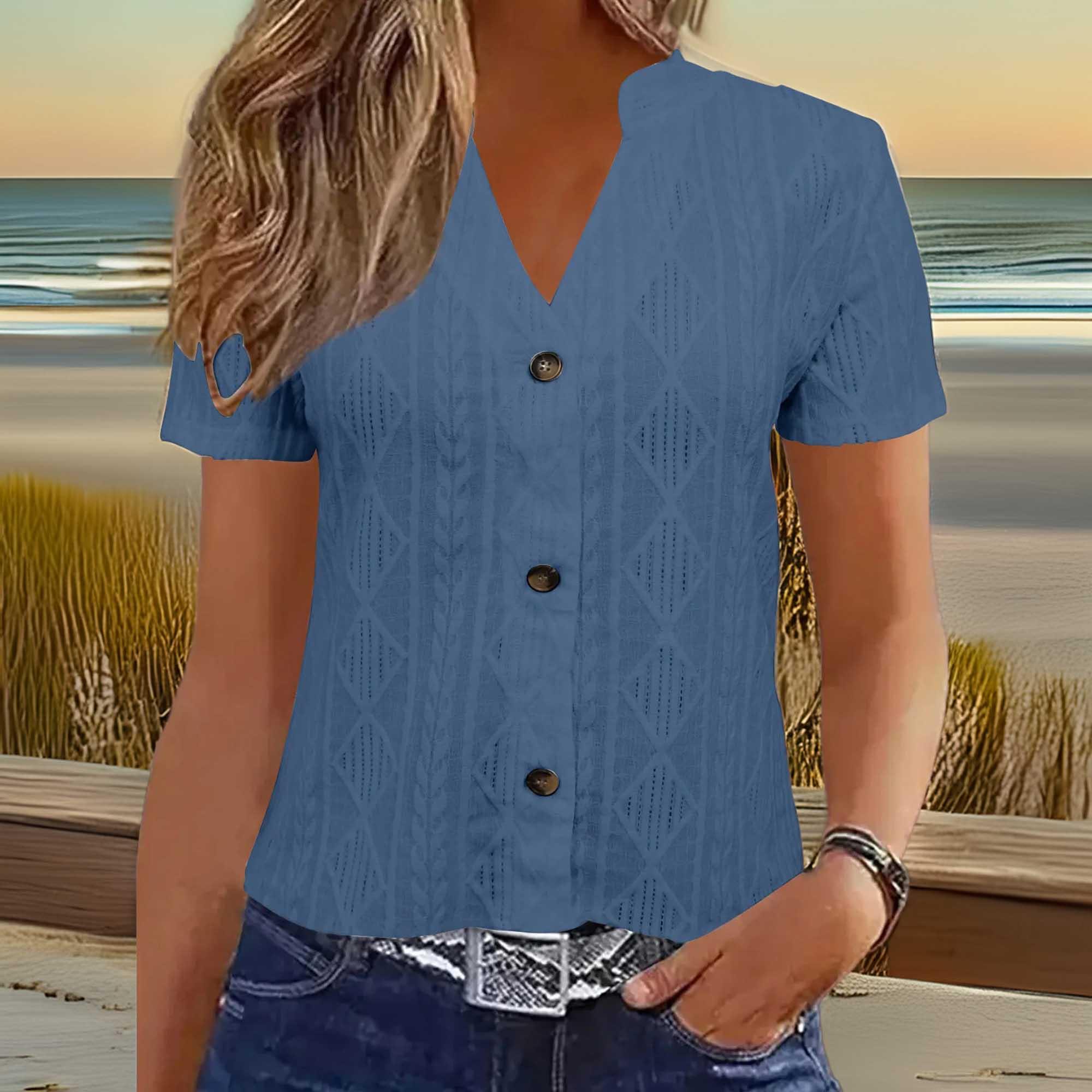 Textured Notched Short Sleeve Ribbed Buttoned Blouse - Southern Shores Clothing