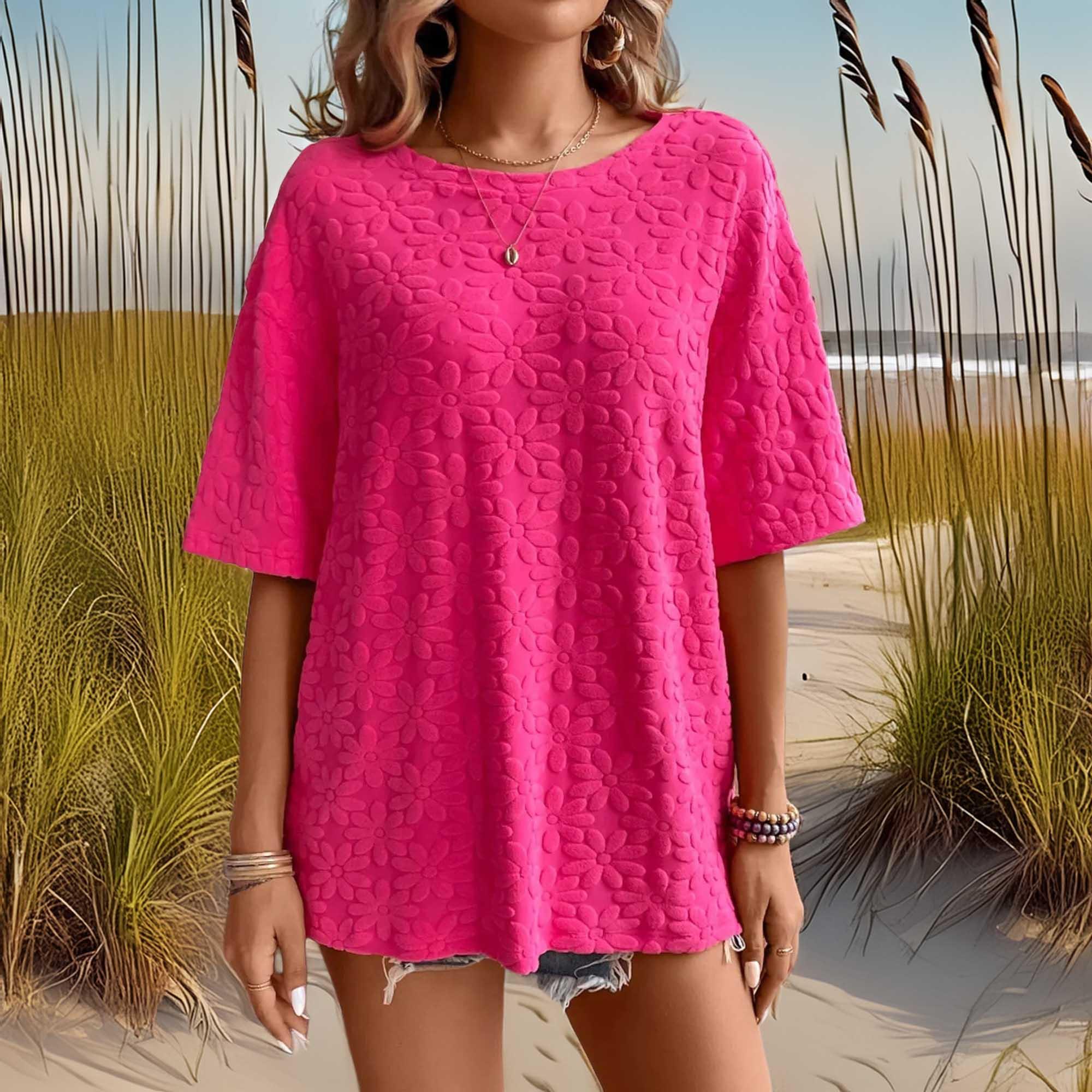 Textured Round Neck Oversized T Shirt With Stretchy Fabric - Southern Shores Clothing