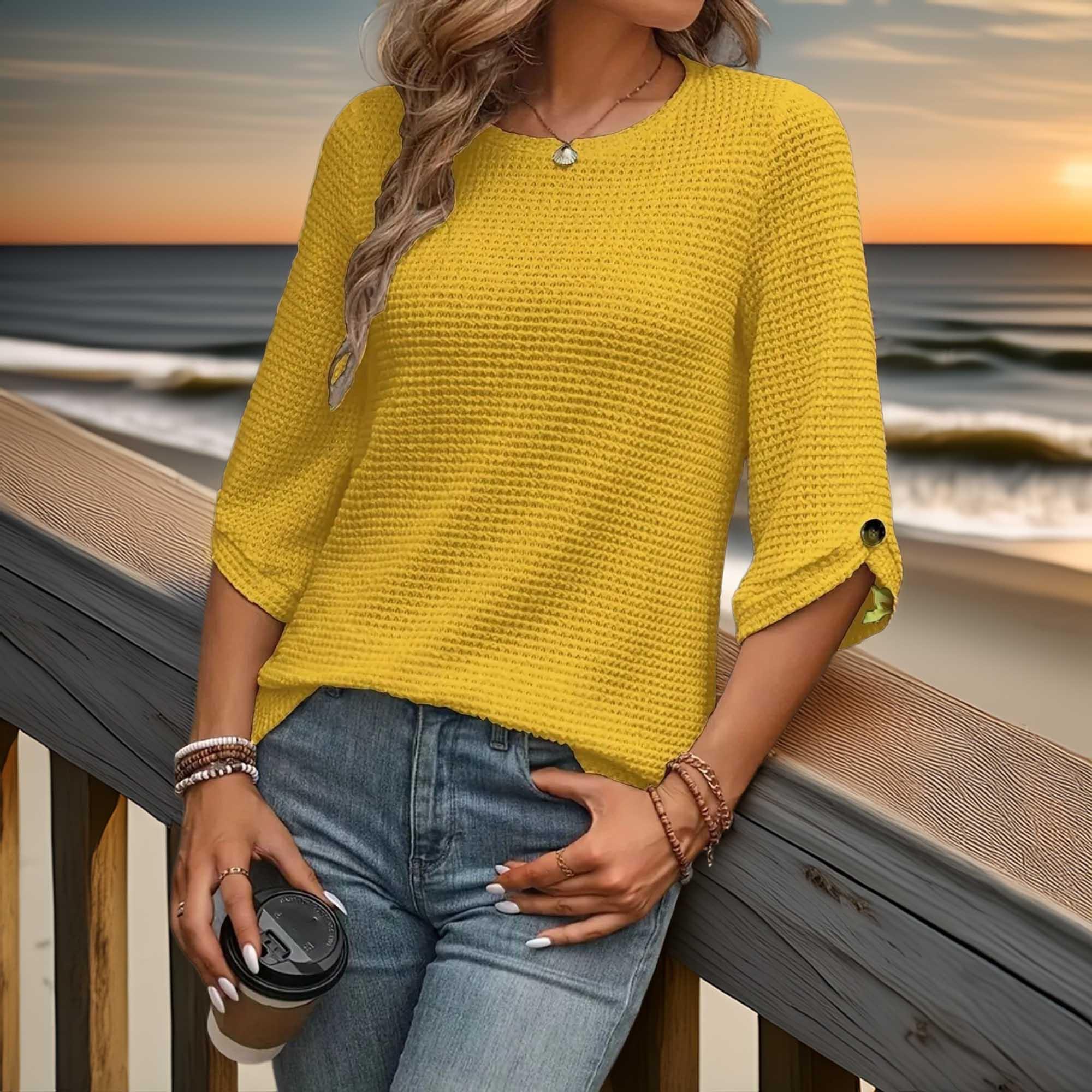 Textured Waffle Knit Three-Quarter Sleeve Tee - Southern Shores Clothing