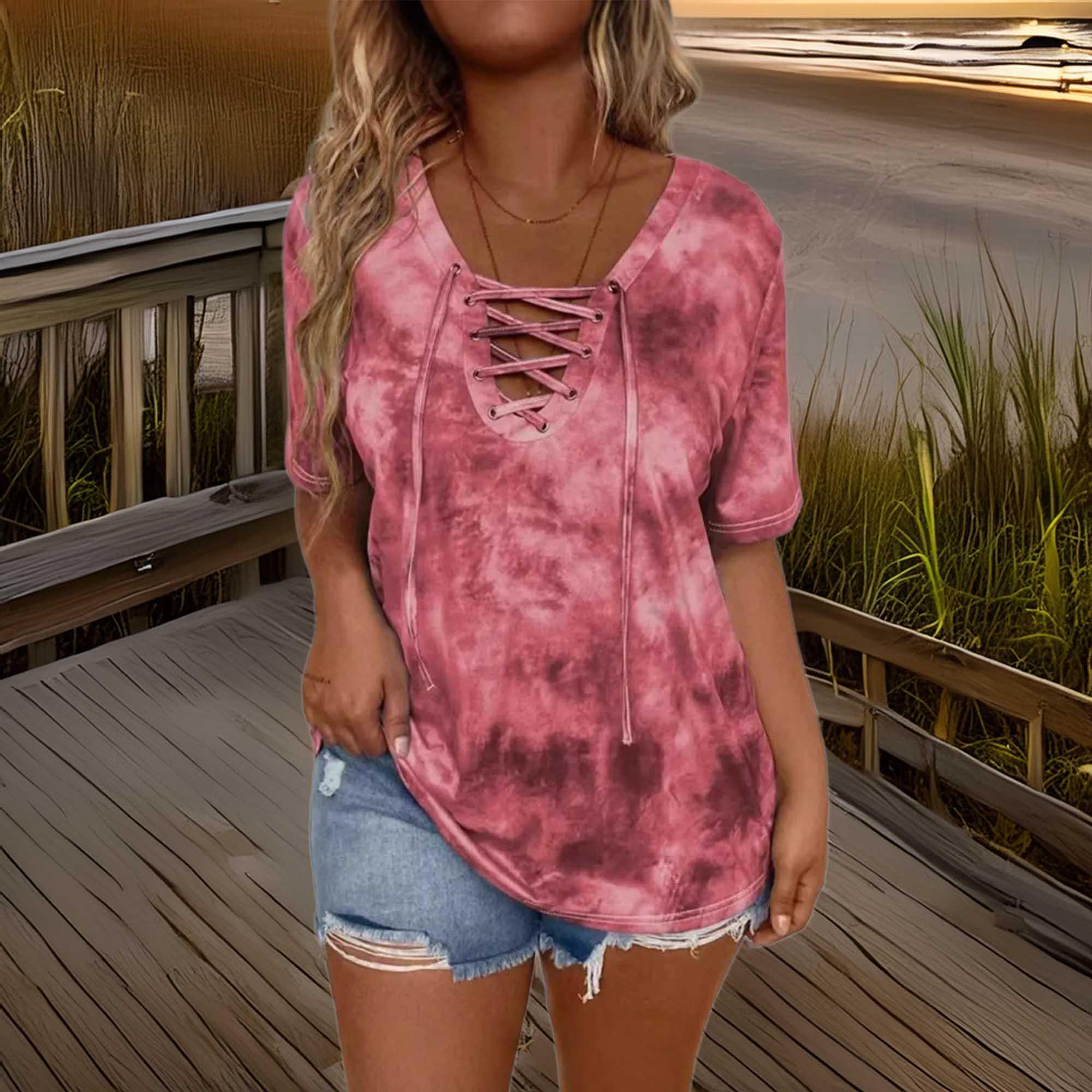 Tie Dye Lace Up V Neck Short Sleeve Casual T Shirt - Southern Shores Clothing