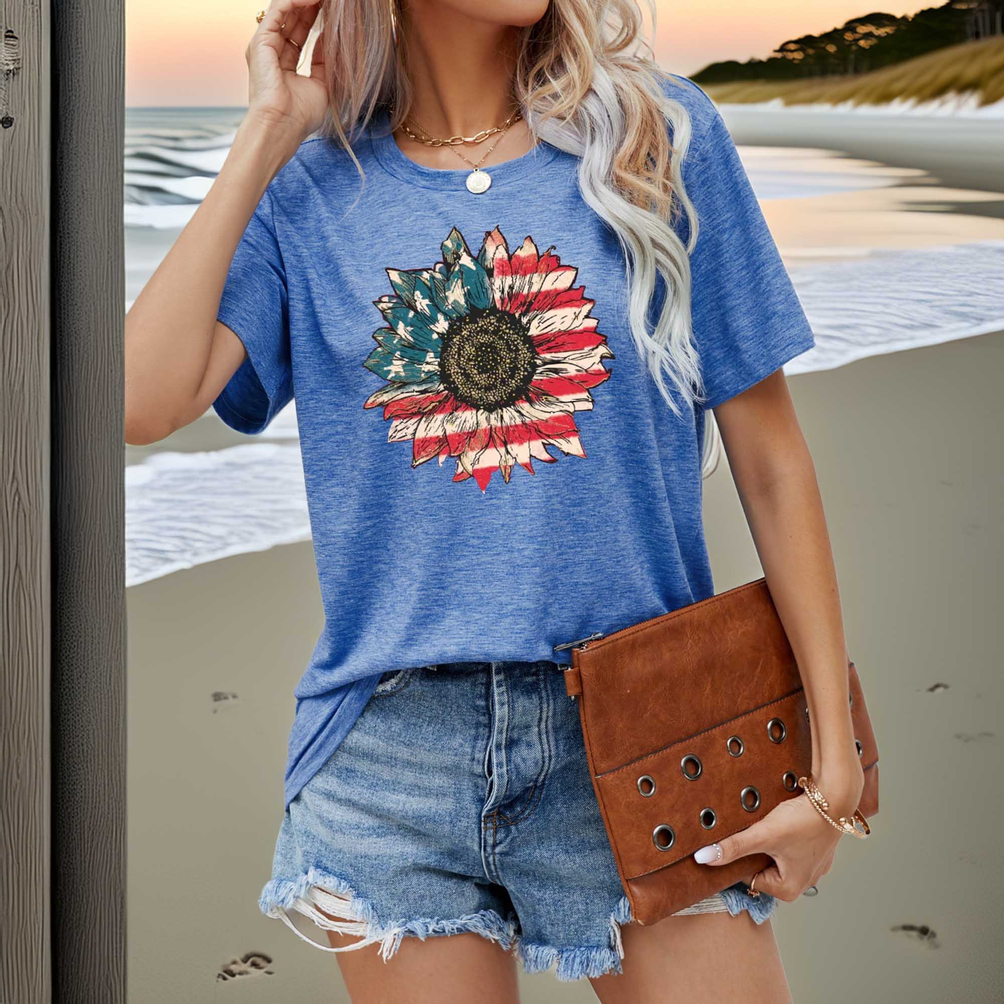 Women's US Flag Flower Graphic Casual Round Neck T-Shirt