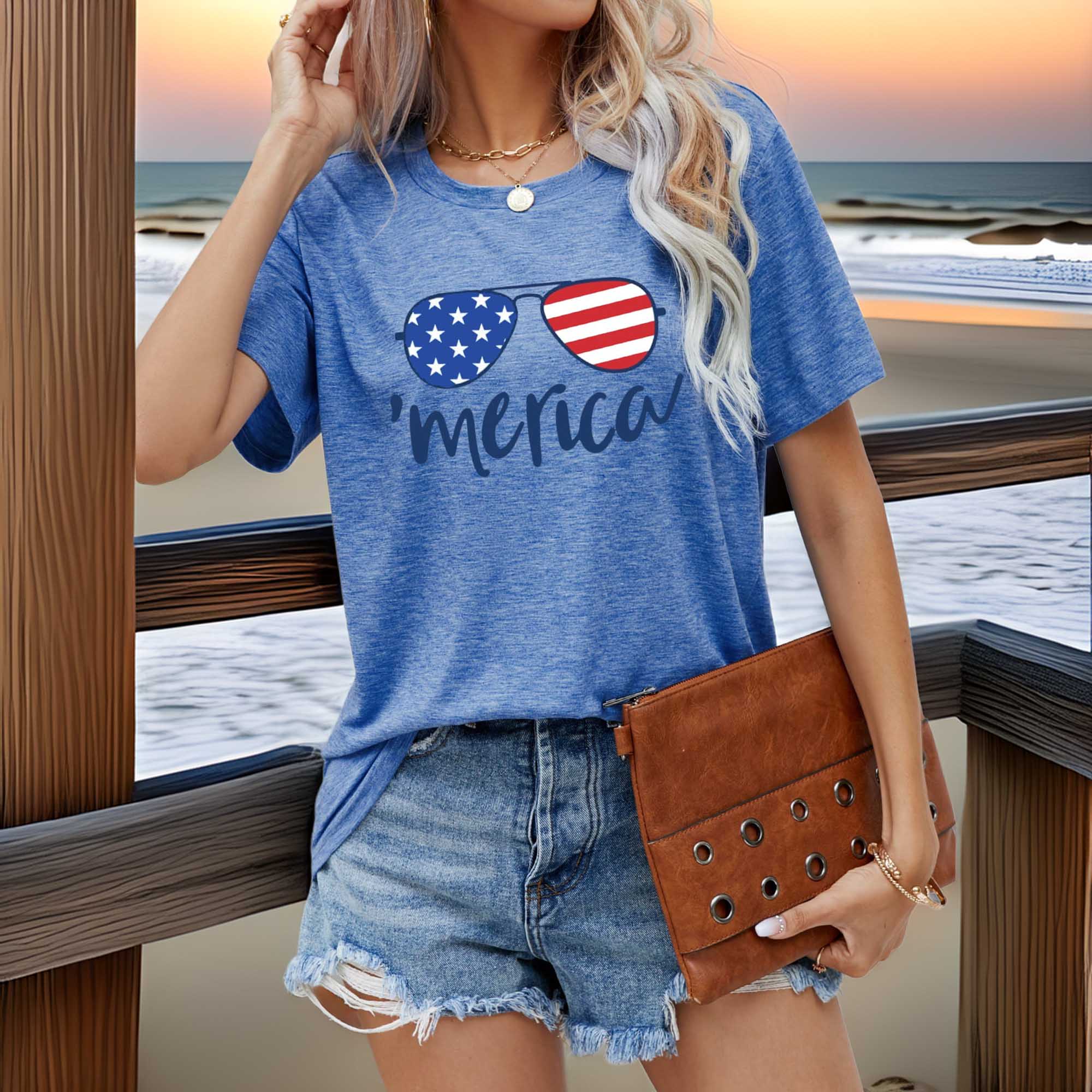 Women's US Flag Glasses Casual Graphic T-Shirt Design for Women