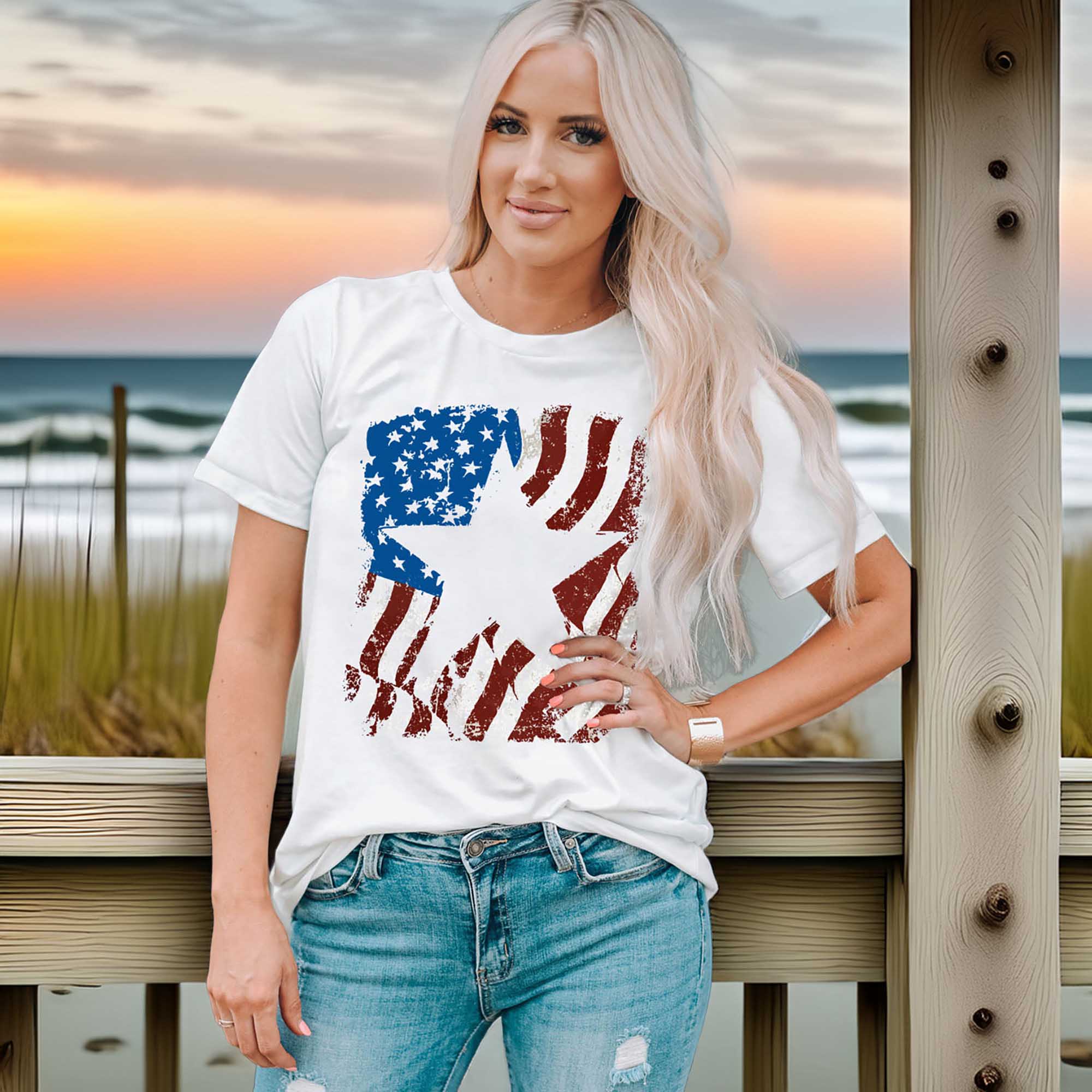Casual Women's US Flag Graphic Round Neck Short Sleeve T-Shirt