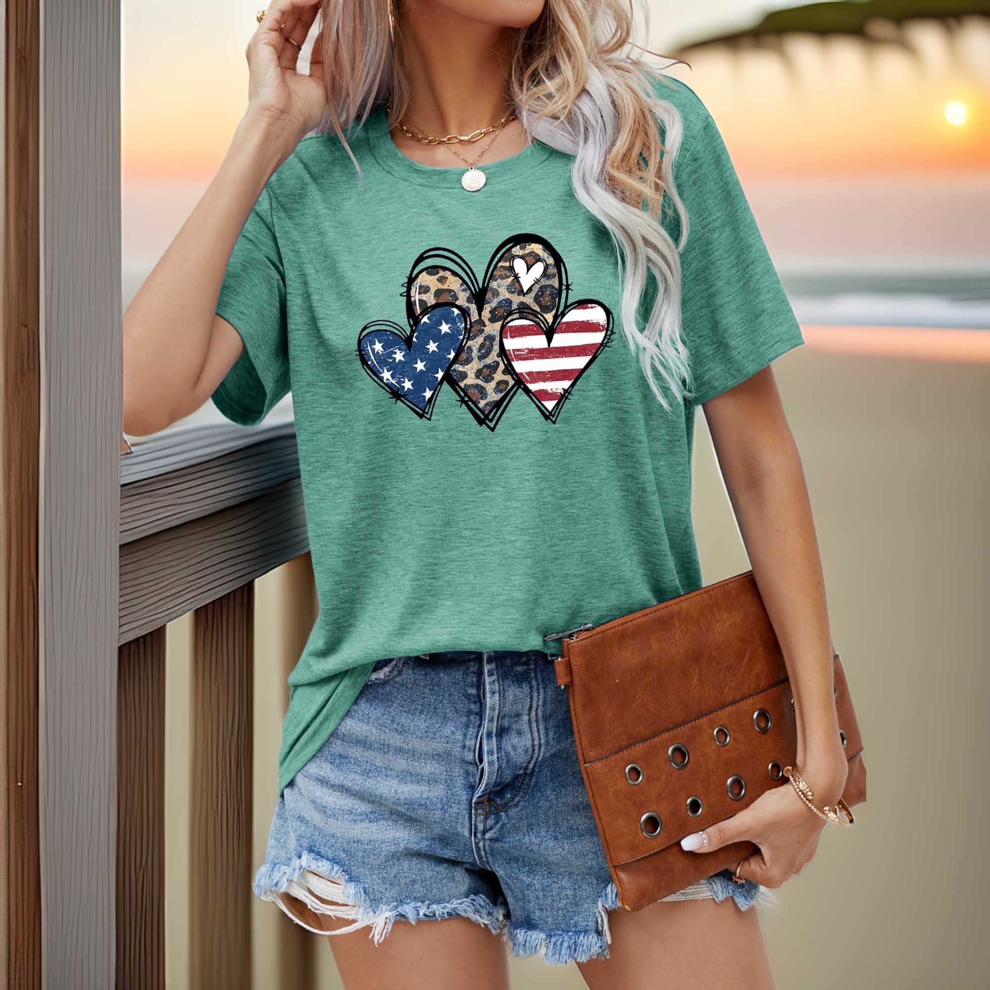 Women's US Flag Leopard Heart Graphic T-Shirt with Round Neck Design