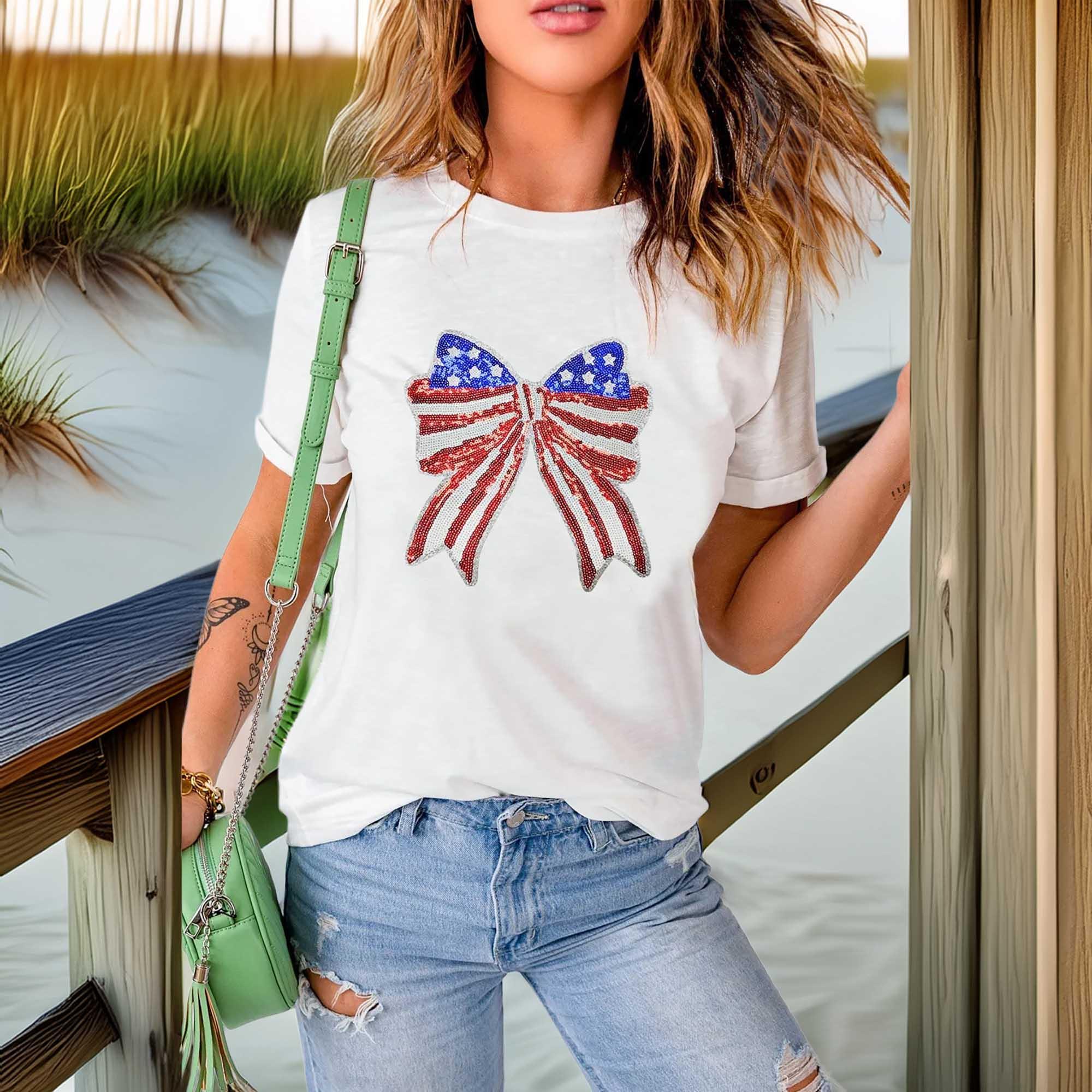 USA Flag Bow Knot Patched Crew Neck Stretch Tee - Southern Shores Clothing