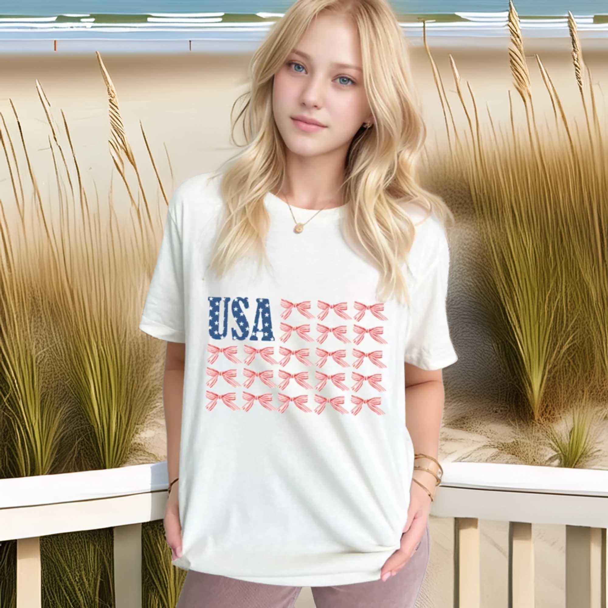 USA Flag Bow Knot Print Round Neck T Shirt - Southern Shores Clothing