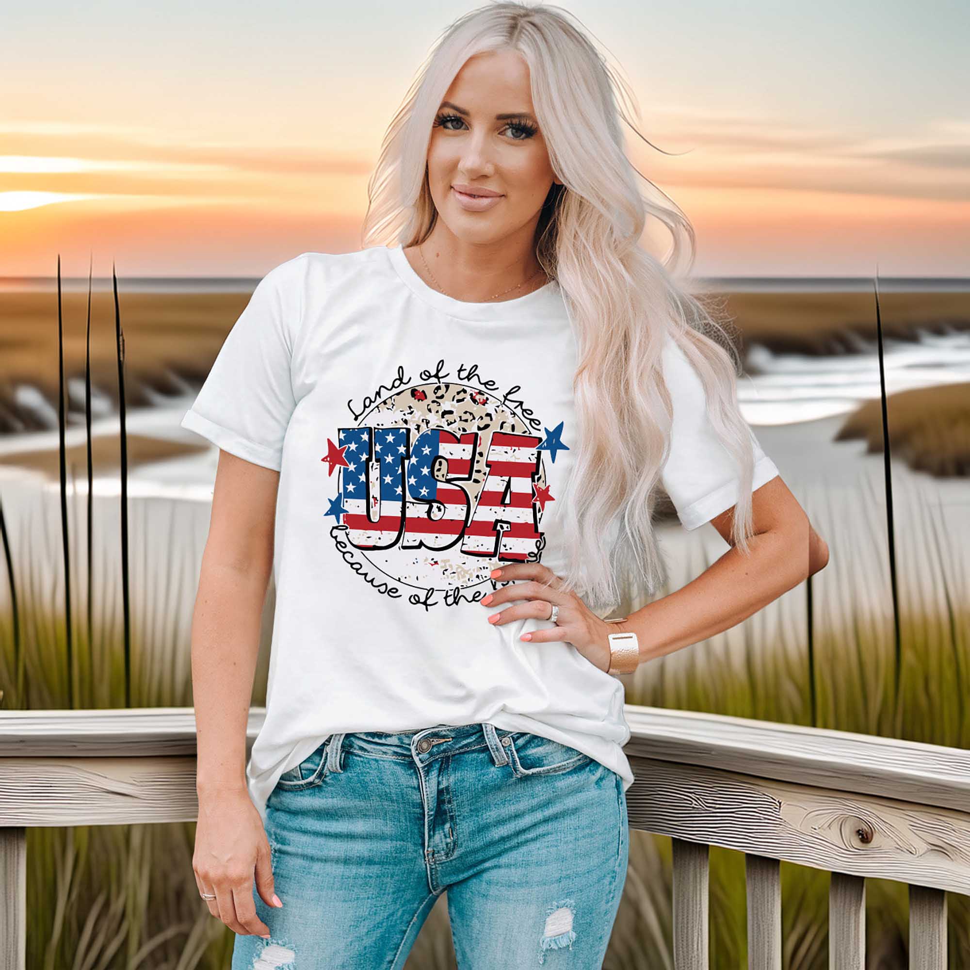 Women's USA Graphic Round Neck Short Sleeve Casual T-Shirt