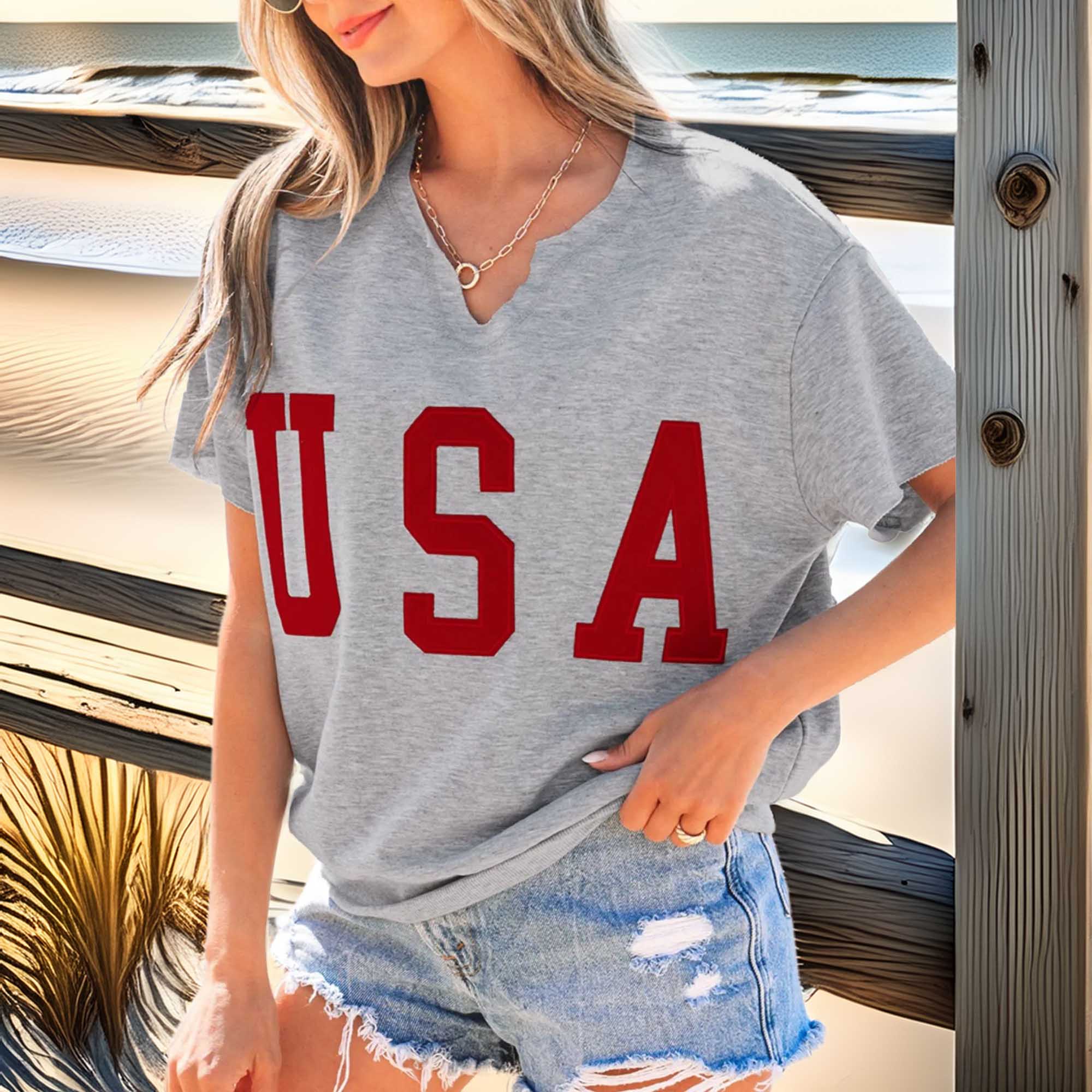 Women's USA Lettering Patch Notched Neck T-Shirt with Basic Design