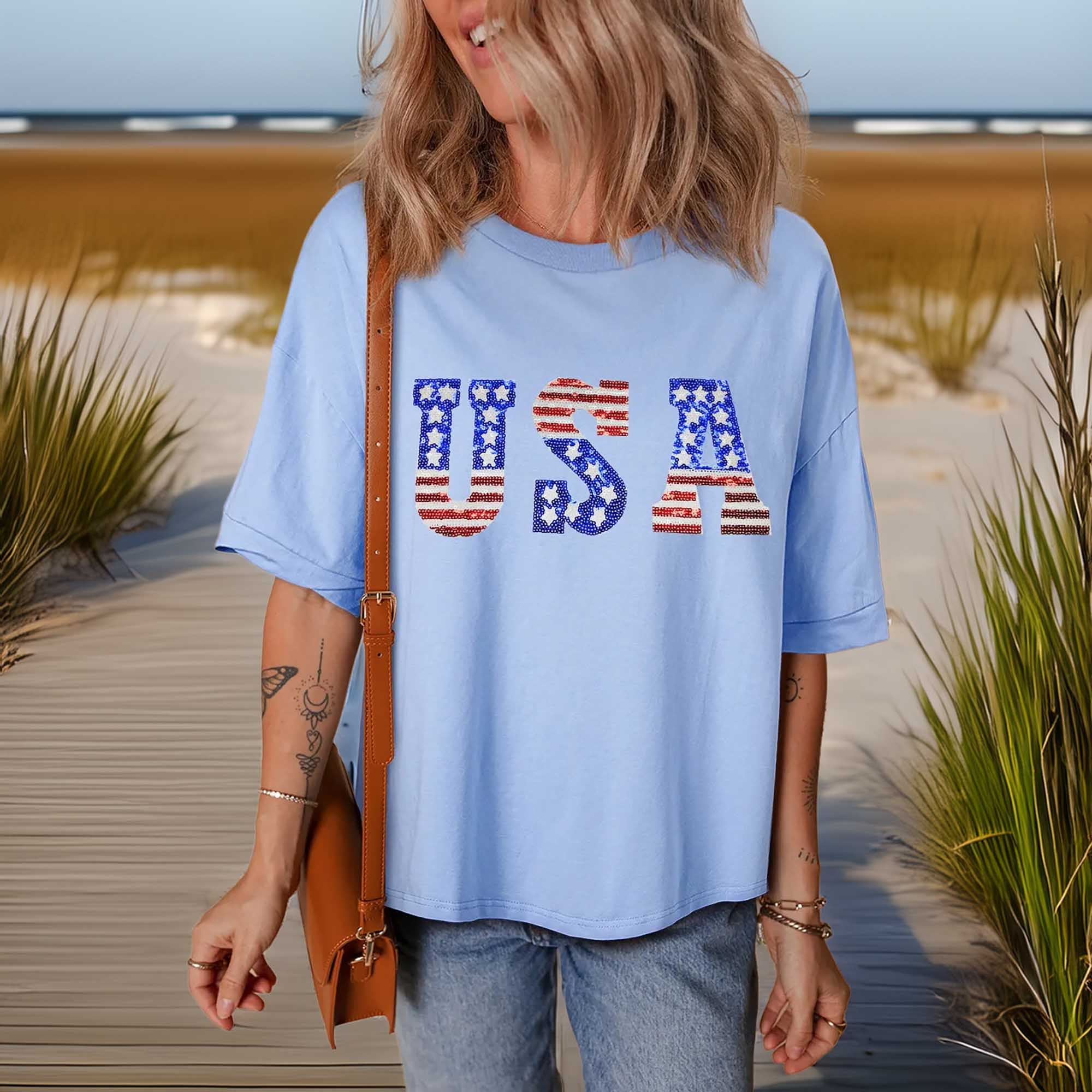 USA Patched Drop Sleeve Crewneck Women's T-Shirt with Sequin Stretch