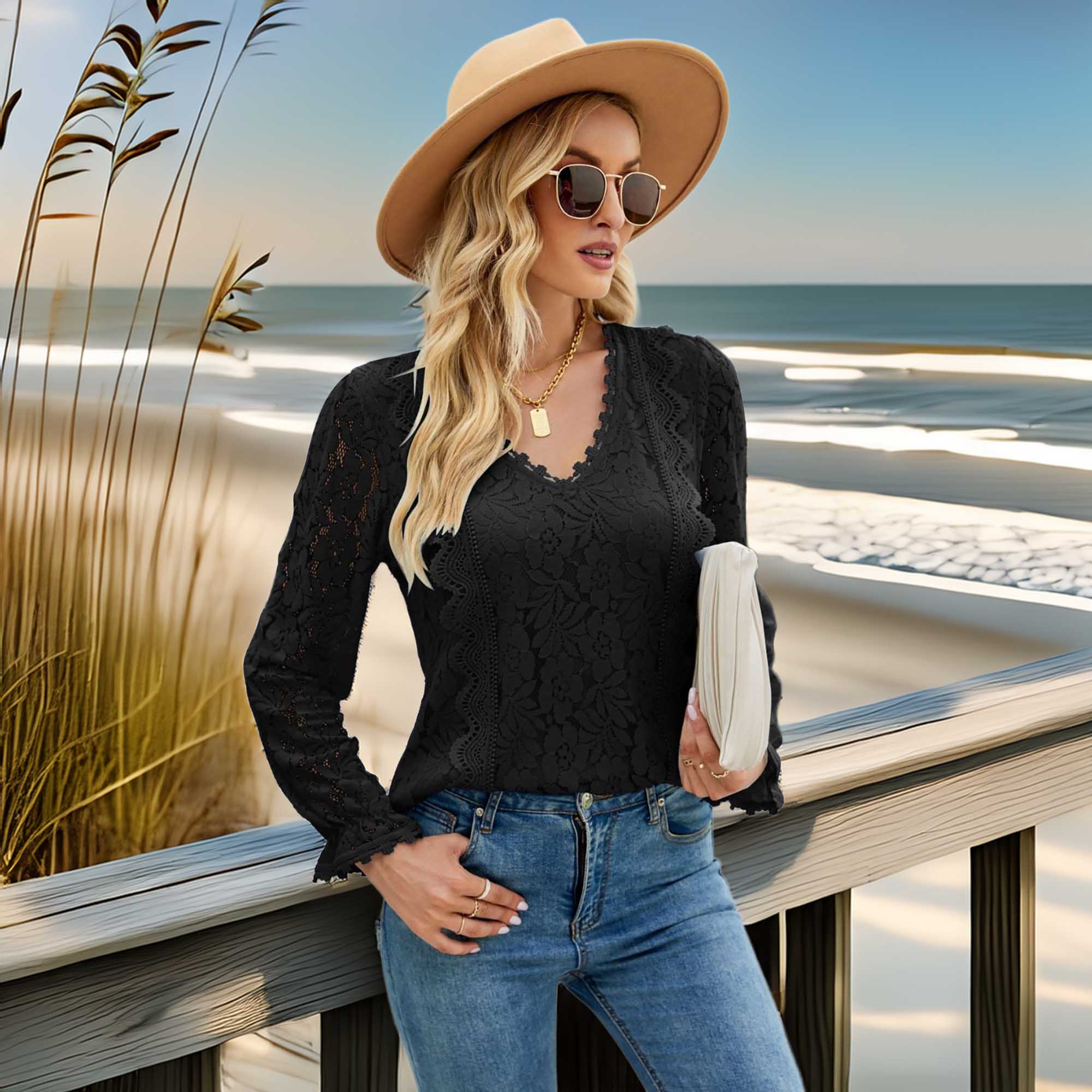 AYL Women's V-Neck Flounce Sleeve Lace Top with Long Sleeves